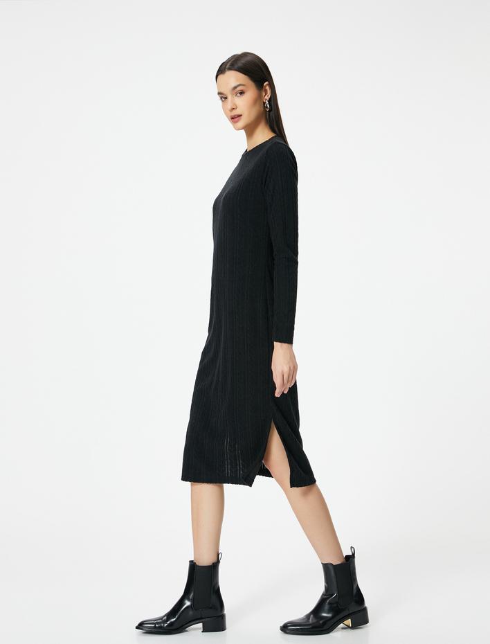  Uzun Kollu Elbise Dokulu Bisiklet Yaka