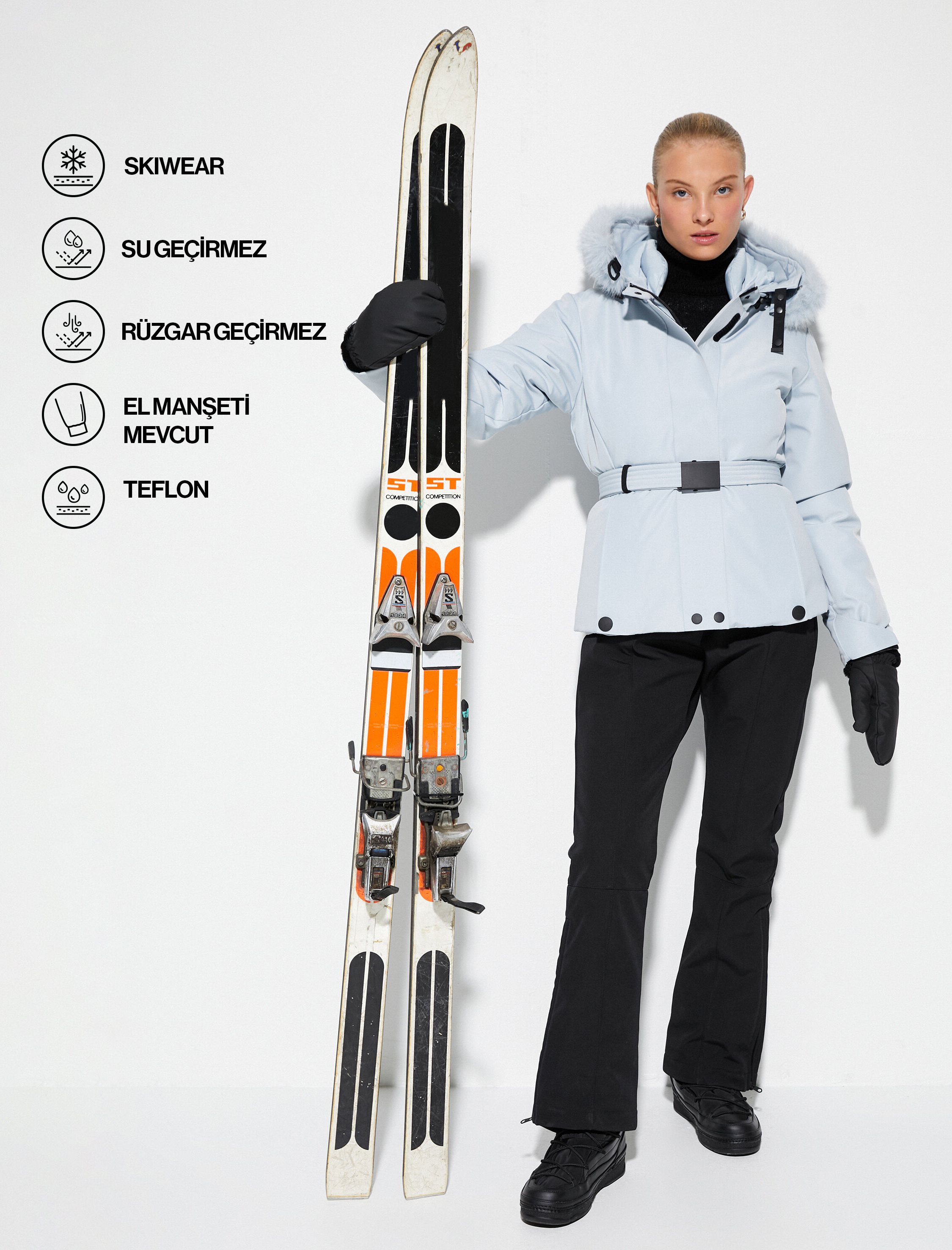   Kayak Montu Kapüşonlu Suni Kürk Detaylı Kemerli Cepli