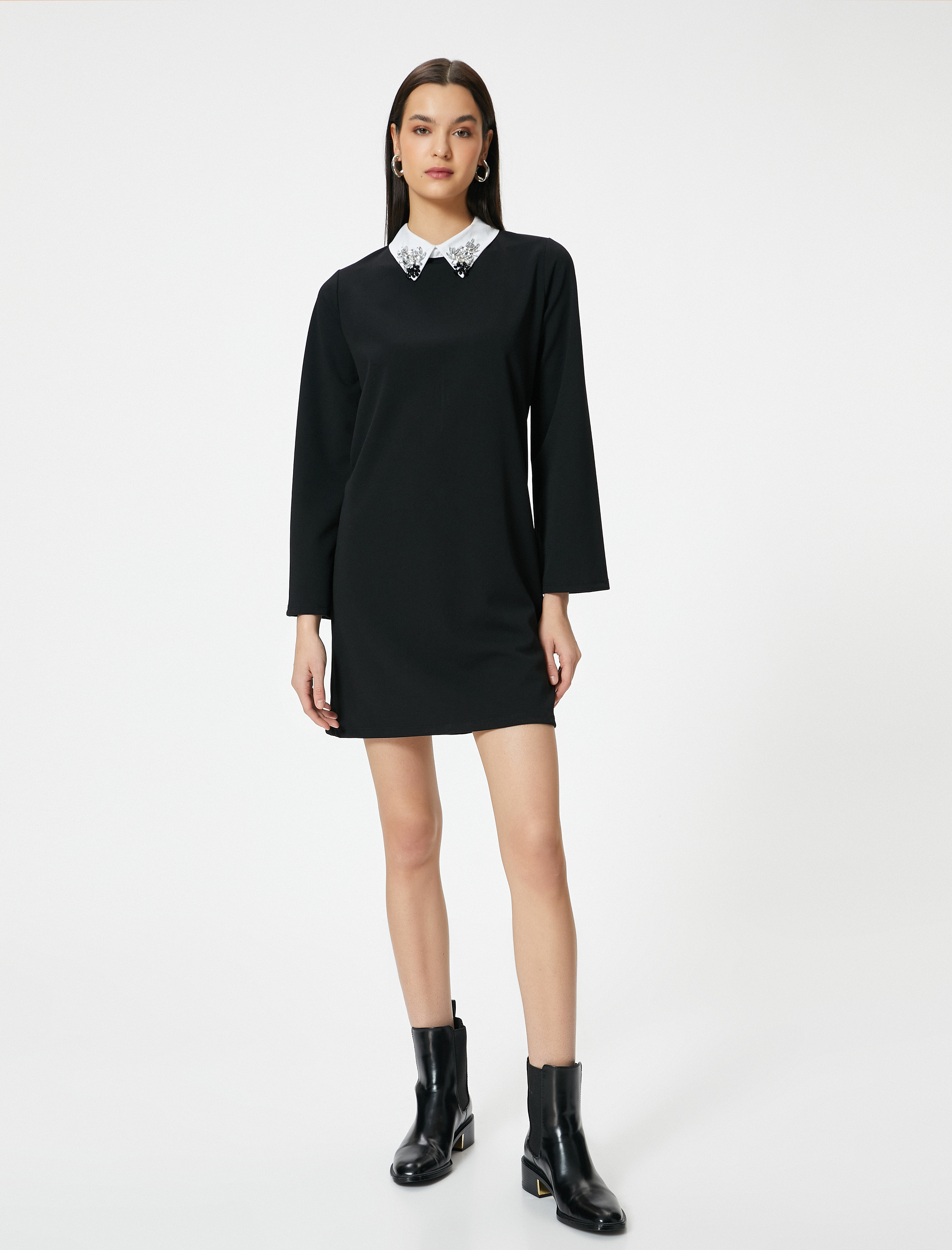   Gömlek Elbise Mini Yakası Parlak Taş İşlemeli