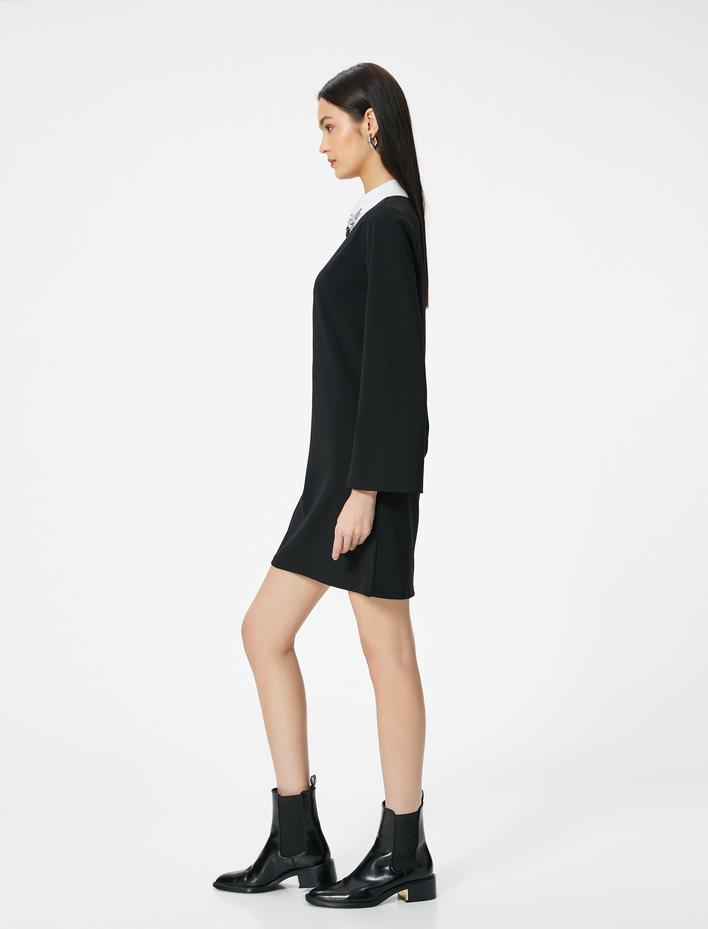  Gömlek Elbise Mini Yakası Parlak Taş İşlemeli