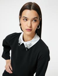 Gömlek Elbise Mini Yakası Parlak Taş İşlemeli