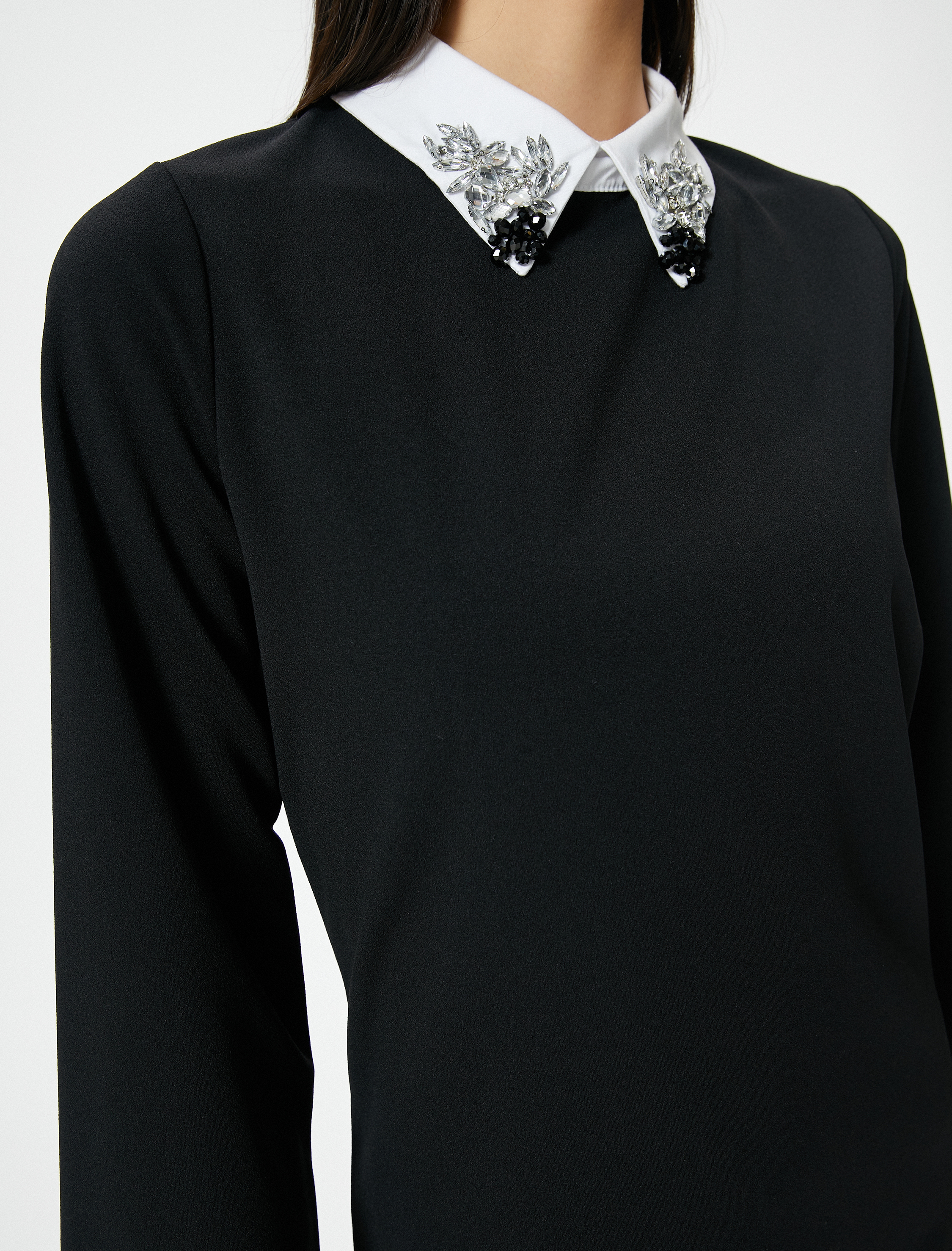   Gömlek Elbise Mini Yakası Parlak Taş İşlemeli