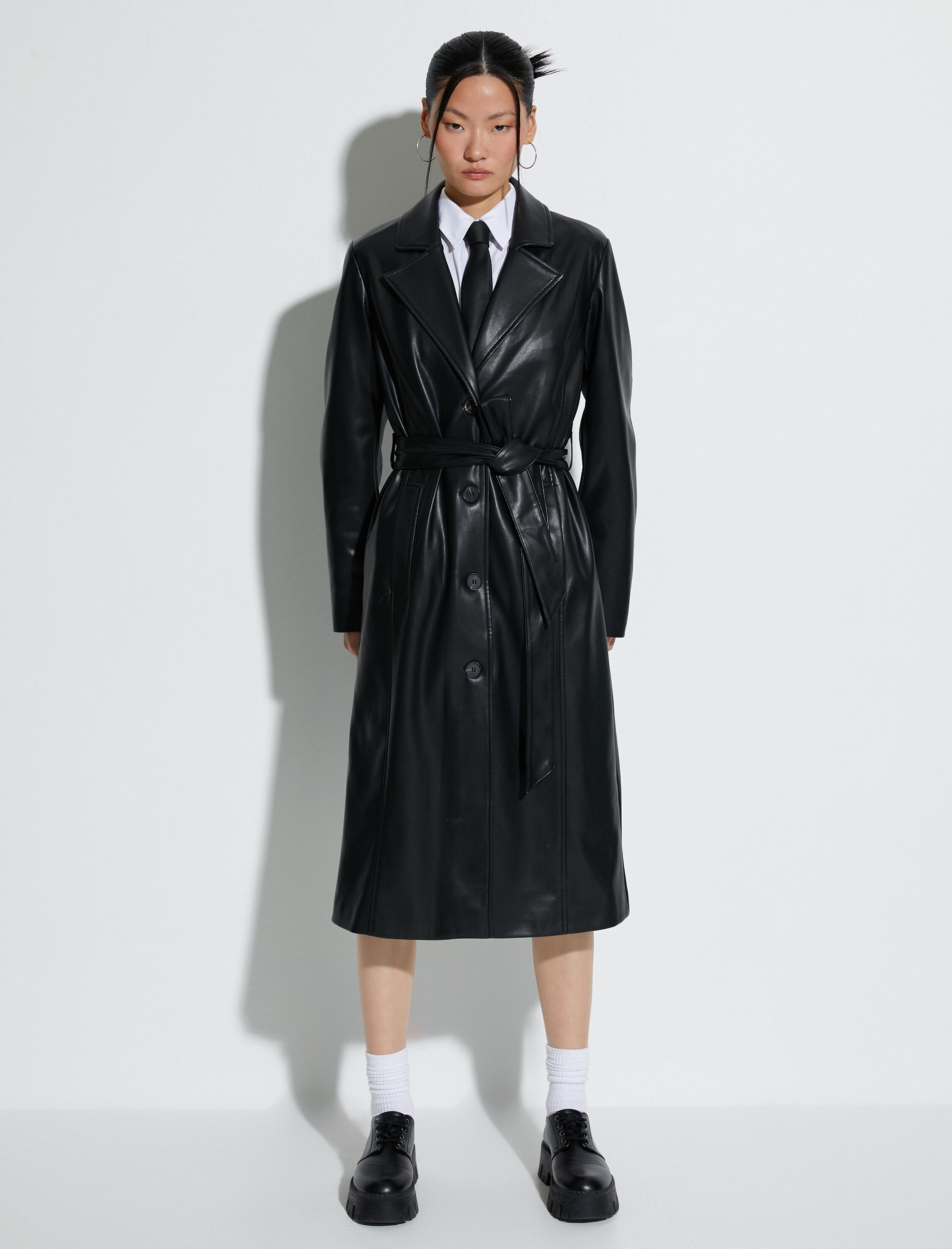   Suni Deri Trençkot Düğmeli Beli Kuşaklı Cepli