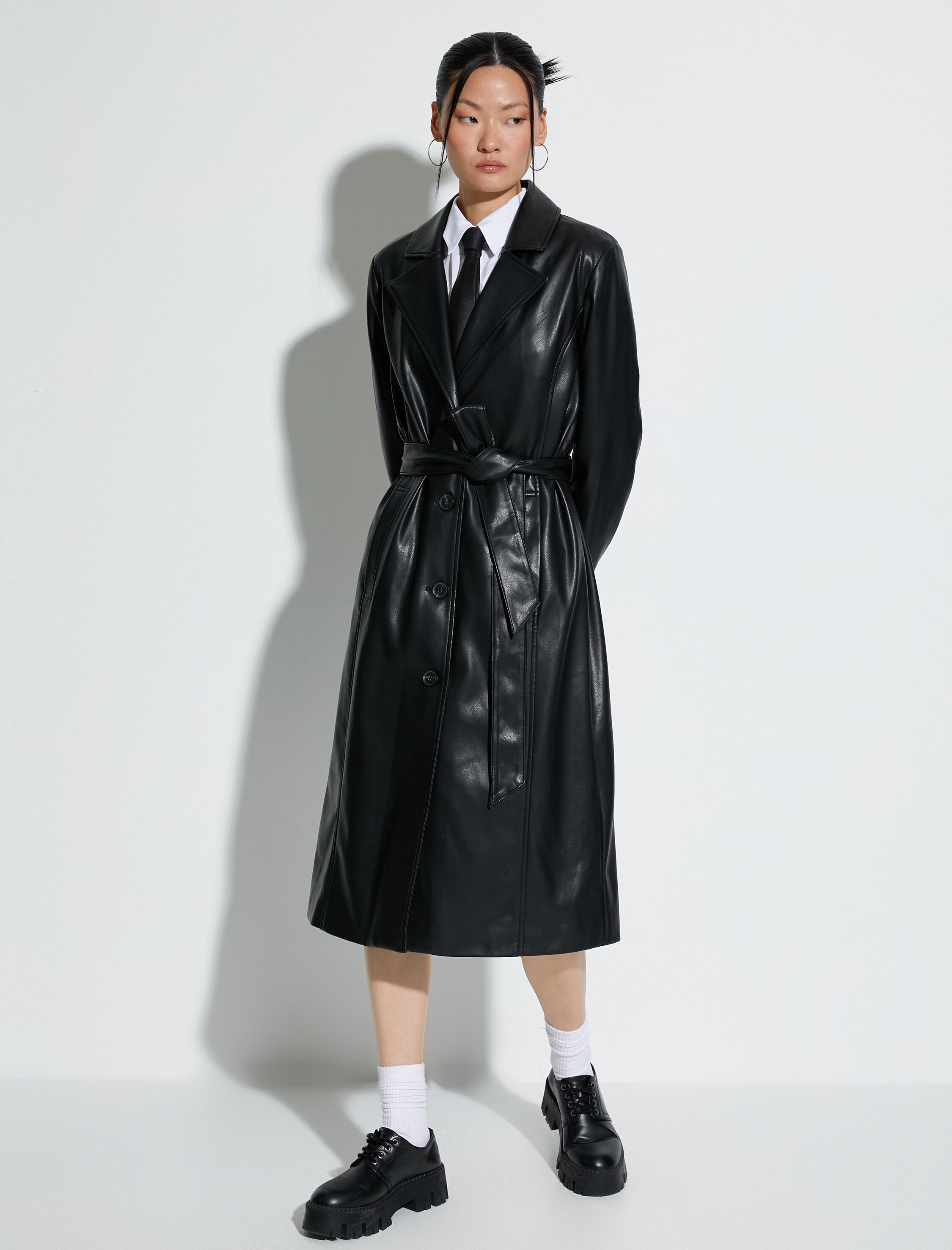   Suni Deri Trençkot Düğmeli Beli Kuşaklı Cepli