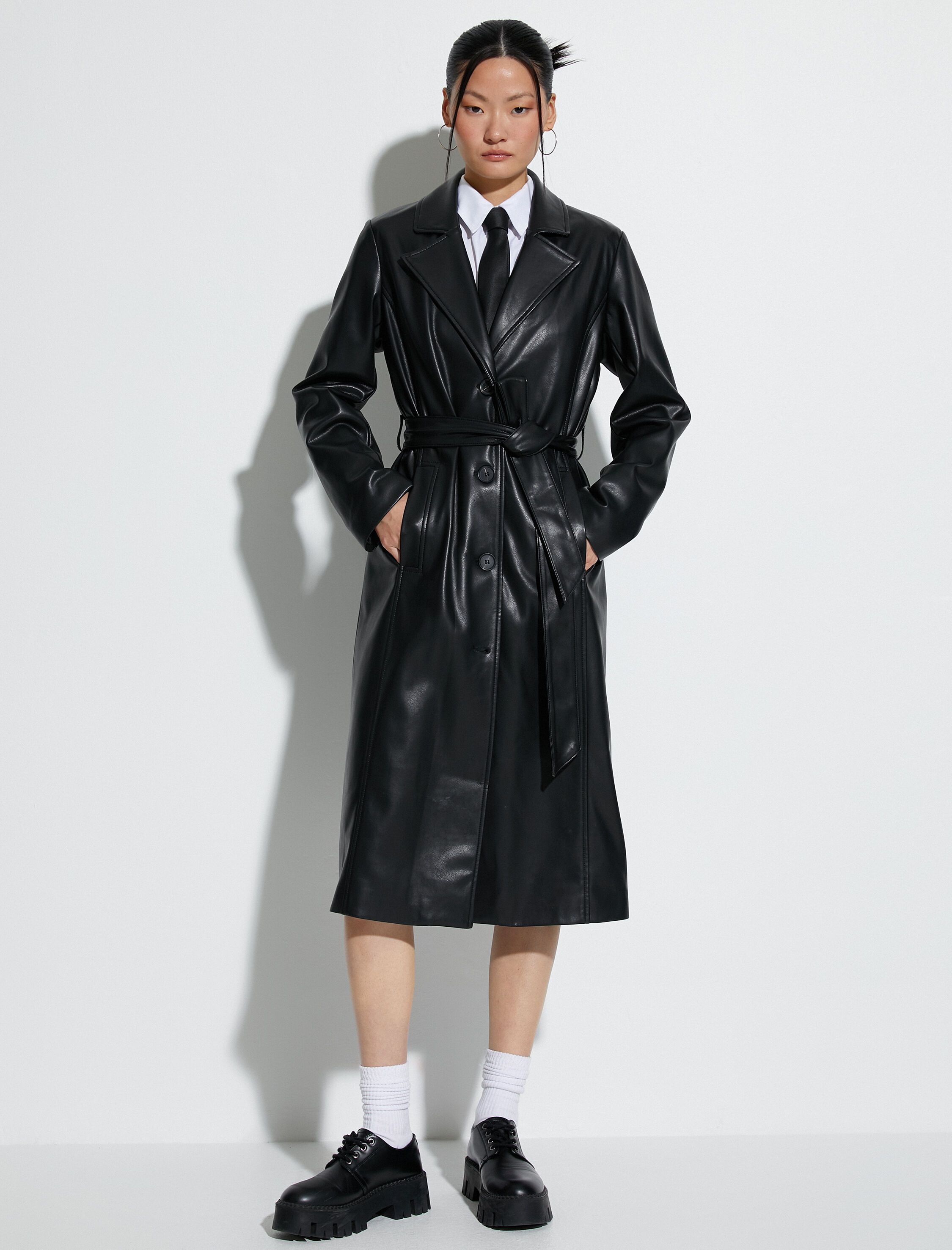   Suni Deri Trençkot Düğmeli Beli Kuşaklı Cepli