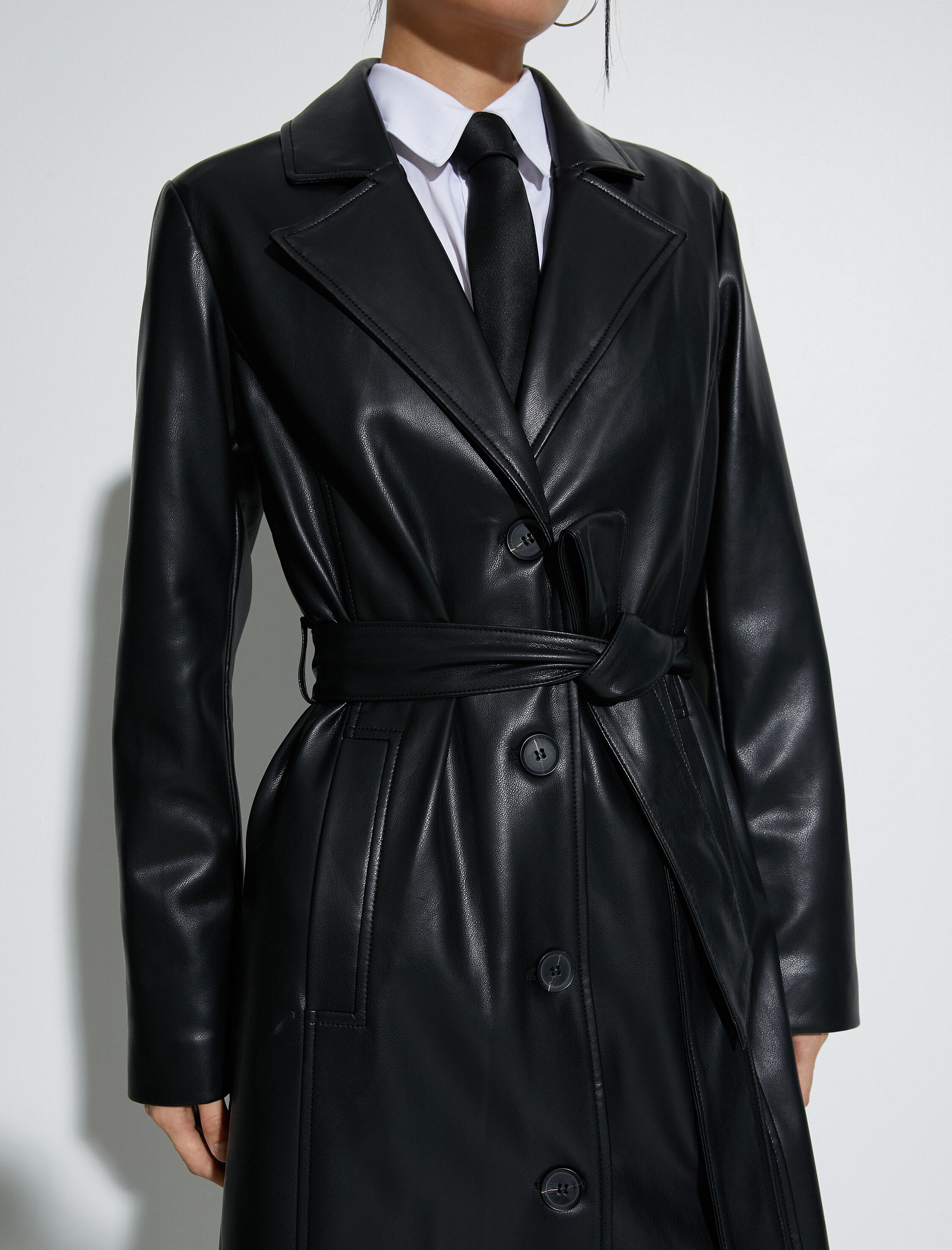   Suni Deri Trençkot Düğmeli Beli Kuşaklı Cepli