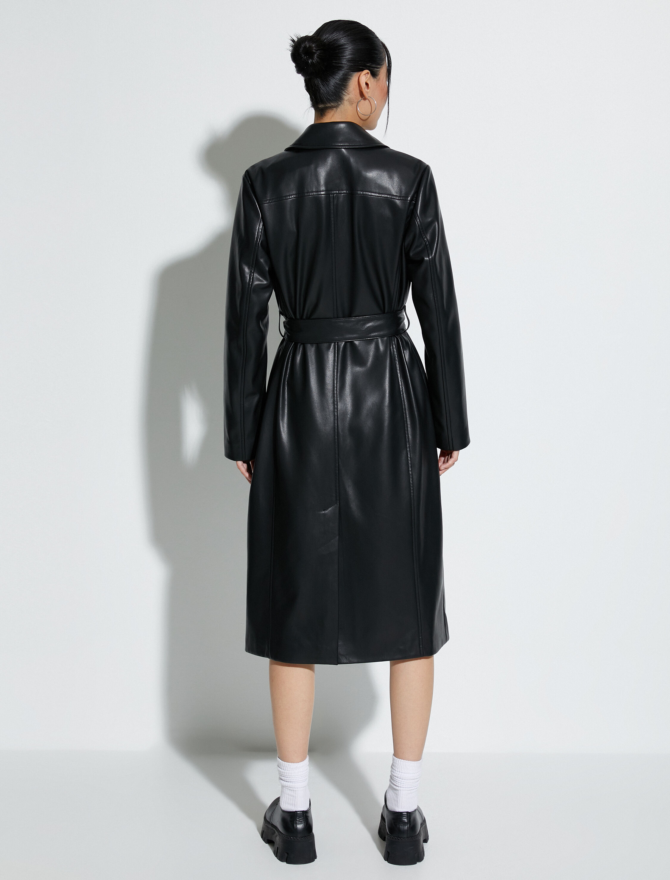   Suni Deri Trençkot Düğmeli Beli Kuşaklı Cepli