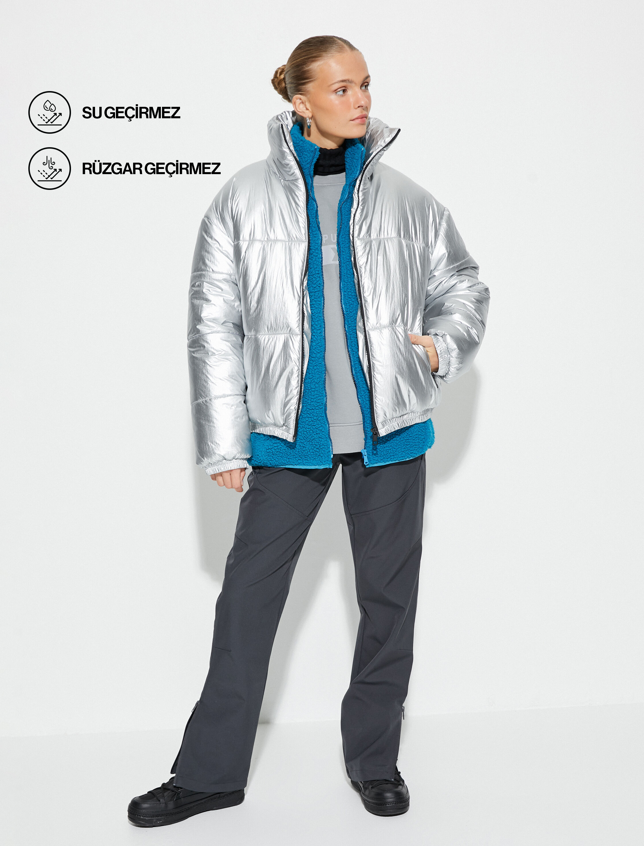   Outdoor Mont Dik Yaka Metalik Fermuarlı Cepli Su İtici