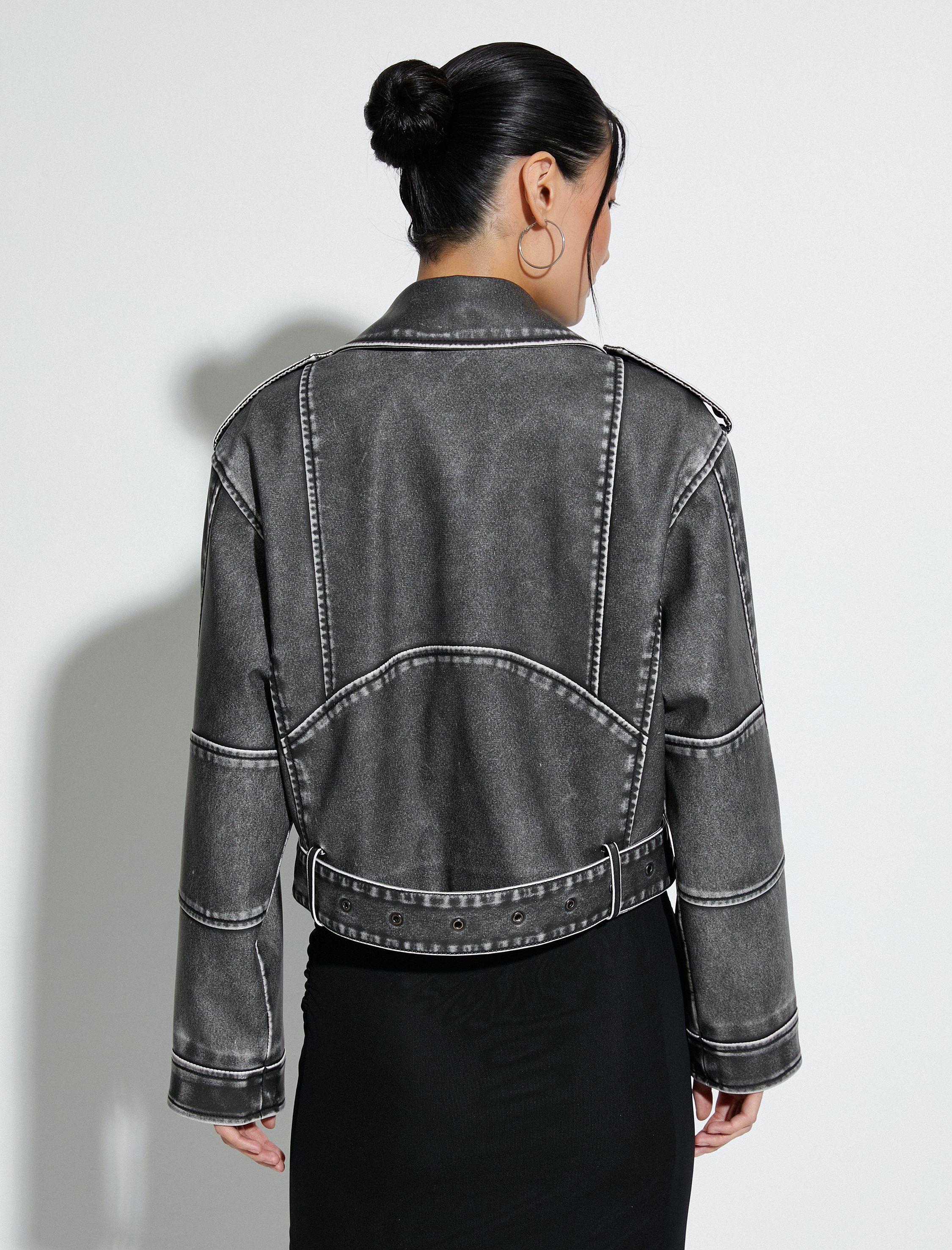   Crop Biker Ceket Suni Deri Kruvaze Fermuarlı