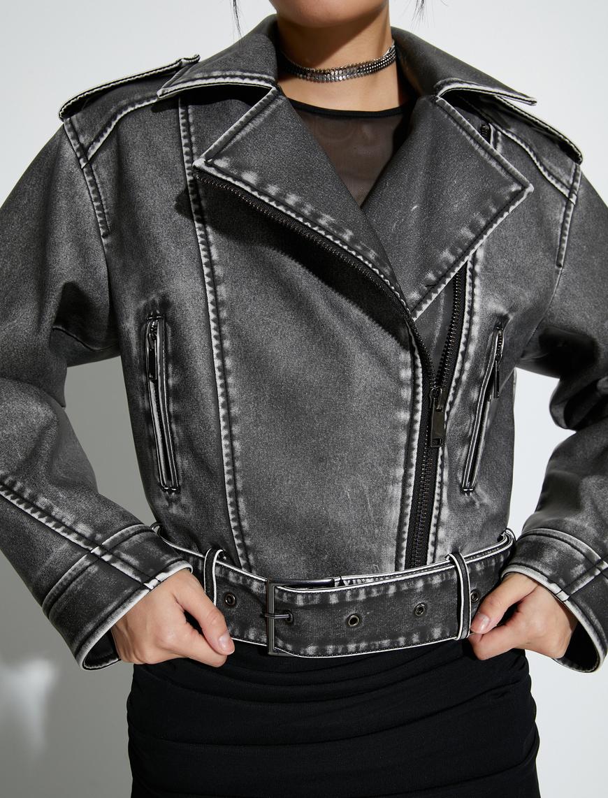   Crop Biker Ceket Suni Deri Kruvaze Fermuarlı