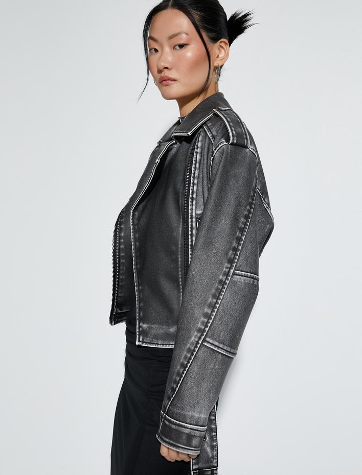  Crop Biker Ceket Suni Deri Kruvaze Fermuarlı