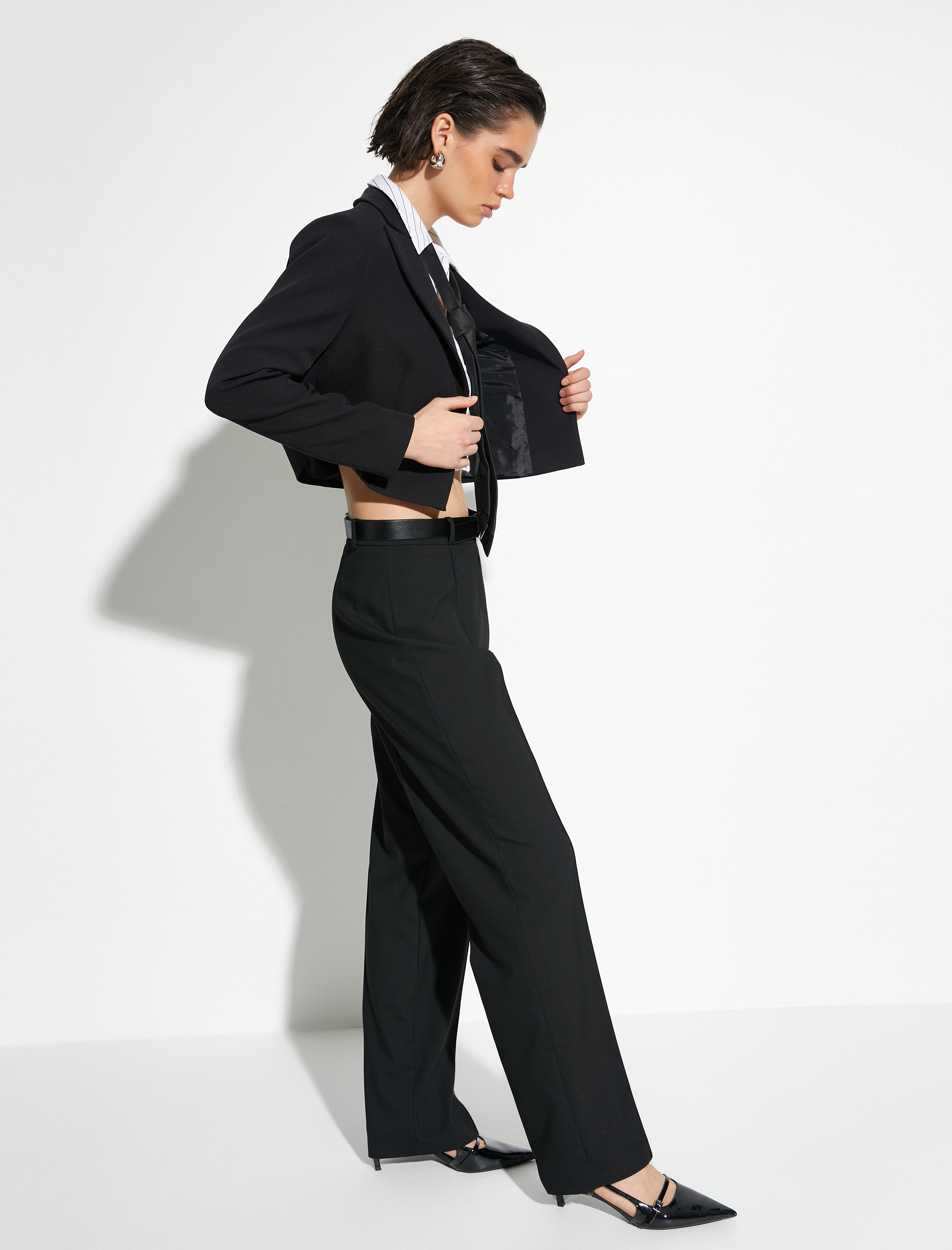   Palazzo Pantolon Yüksek Bel Düğmeli Nervürlü