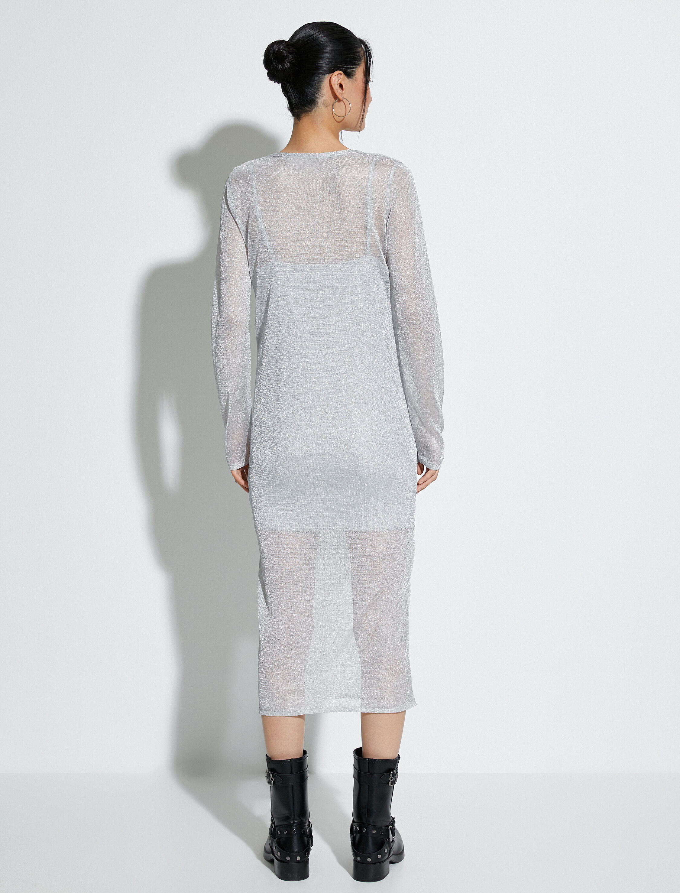   Midi Triko Elbise Metalik Simli Uzun Kollu Bisiklet Yaka