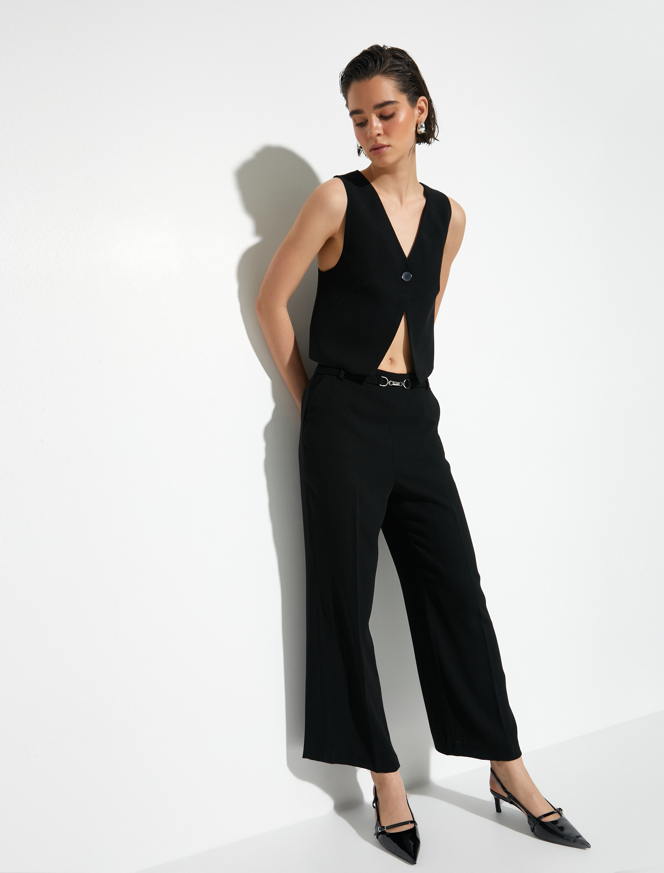   Bol Paça Pantolon Metal Kemer Detaylı Normal Bel