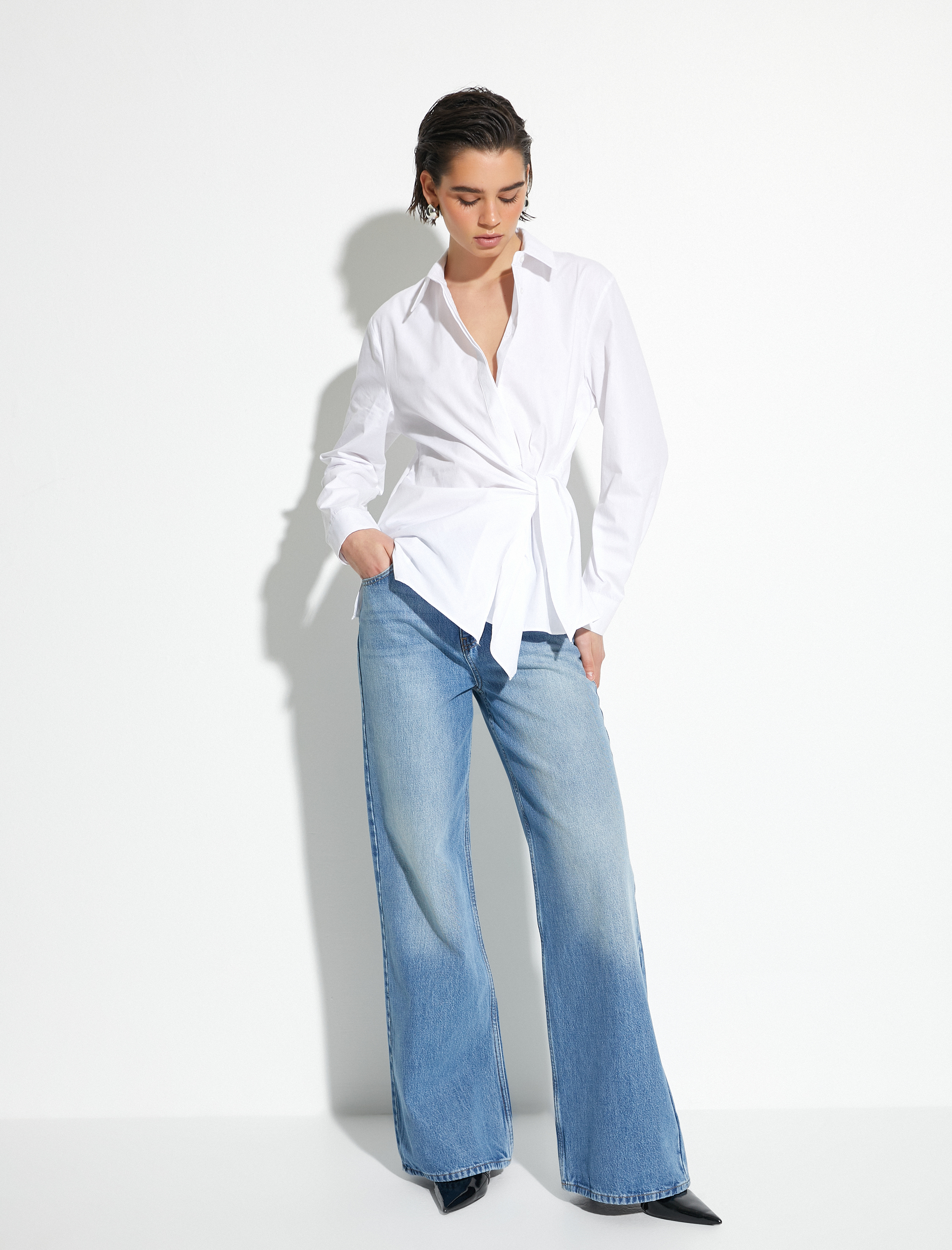   Uzun Kollu Poplin Gömlek Önden Bağlama Detaylı Düğmeli