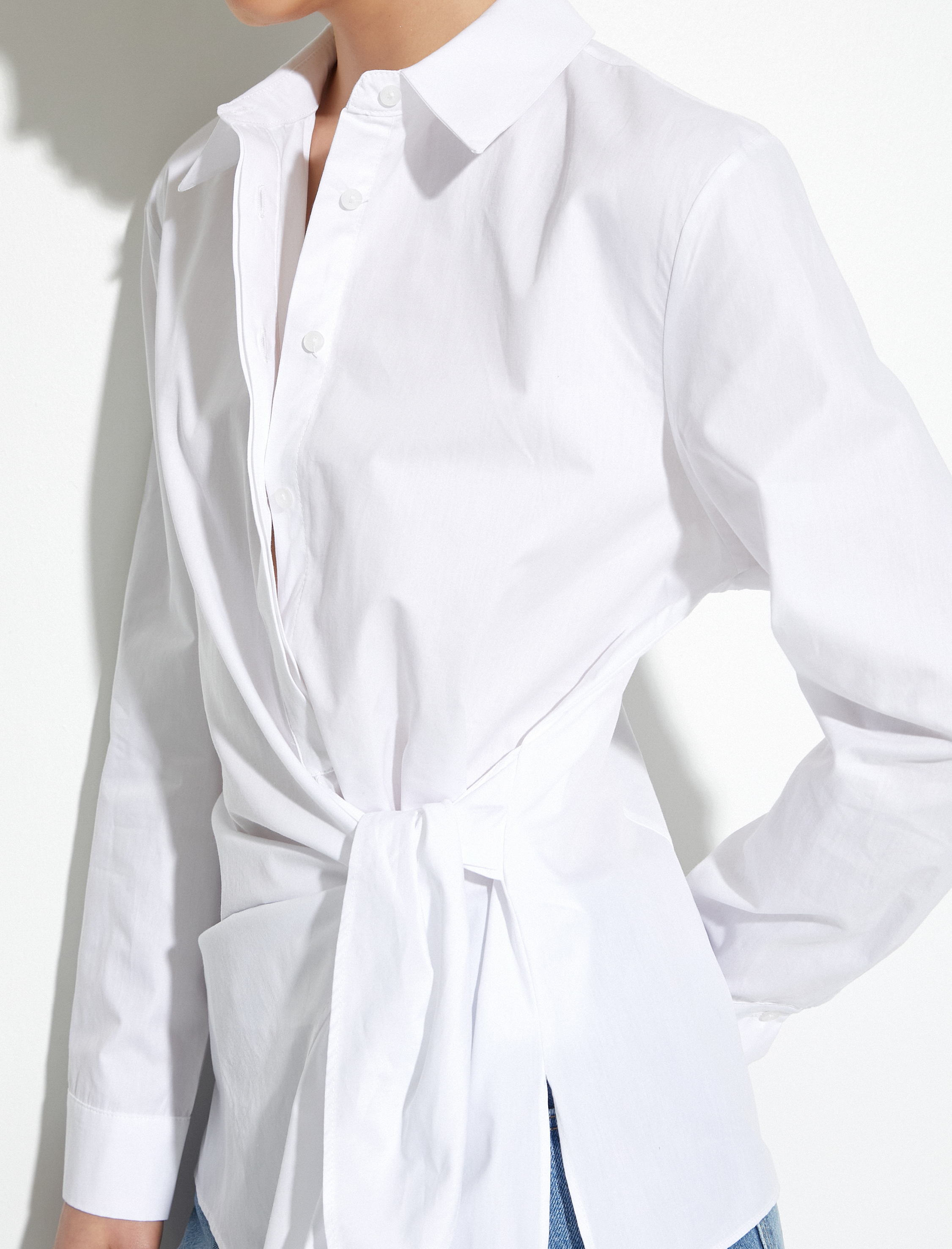   Uzun Kollu Poplin Gömlek Önden Bağlama Detaylı Düğmeli