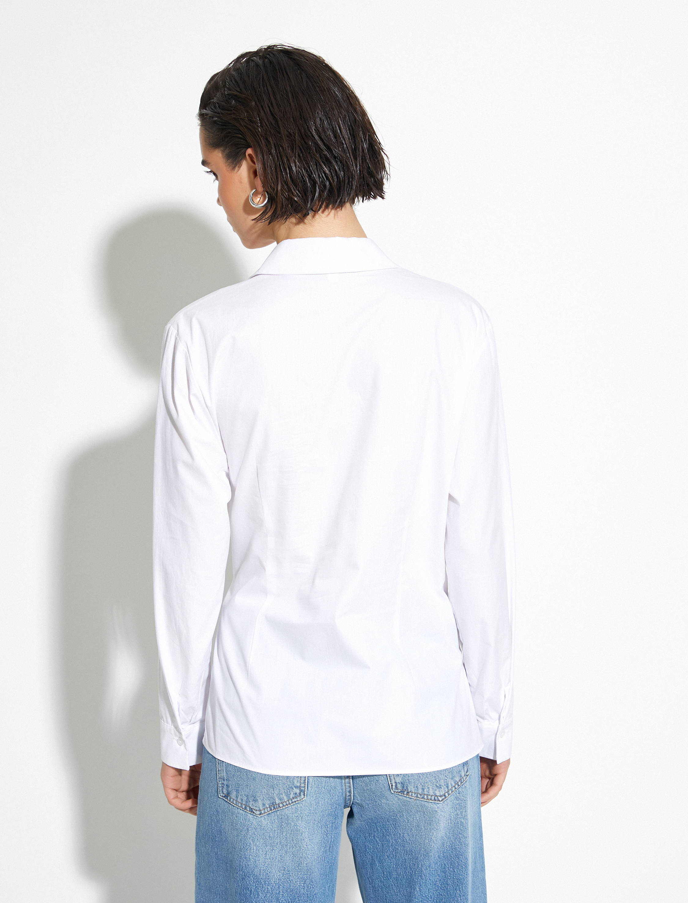   Uzun Kollu Poplin Gömlek Önden Bağlama Detaylı Düğmeli