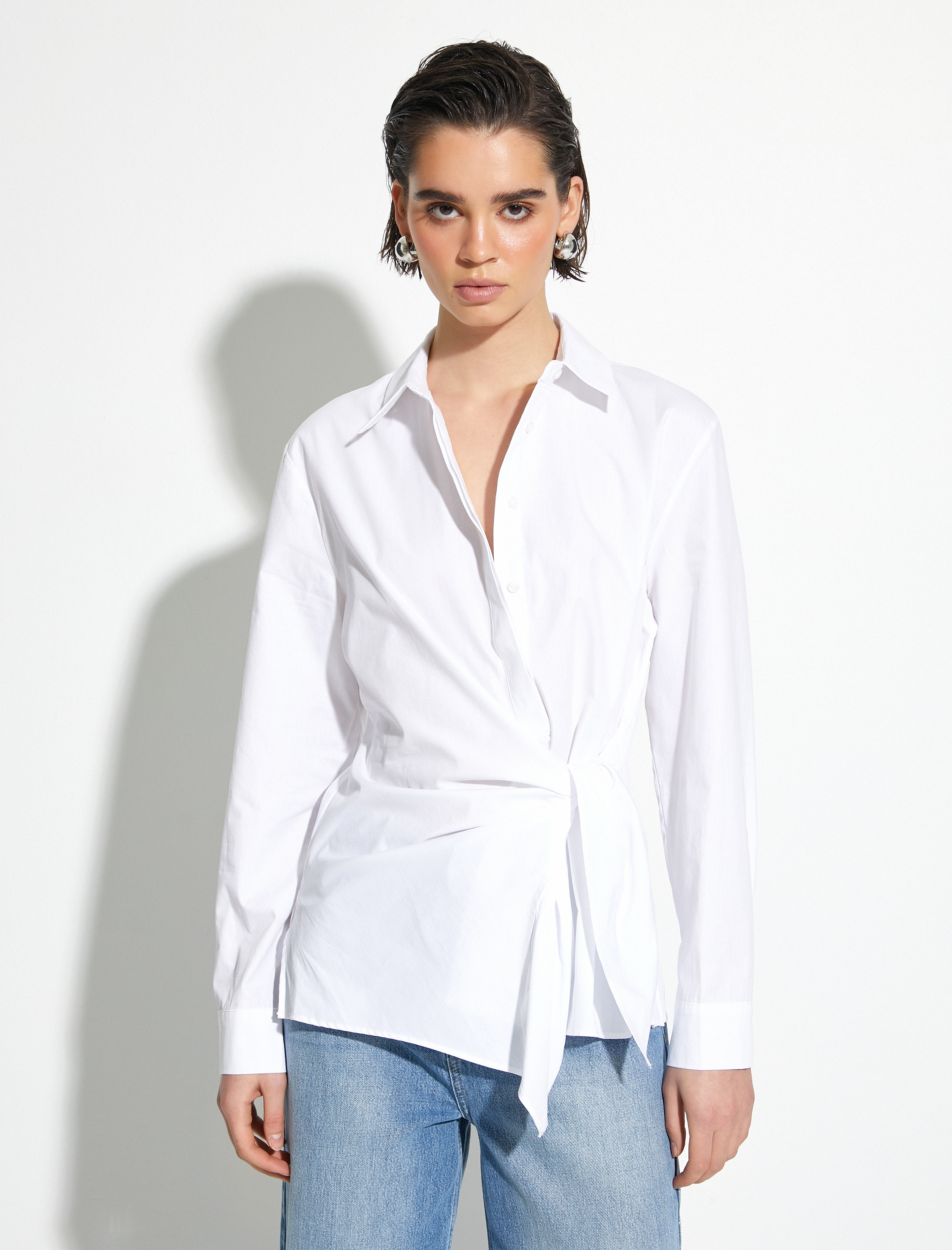   Uzun Kollu Poplin Gömlek Önden Bağlama Detaylı Düğmeli