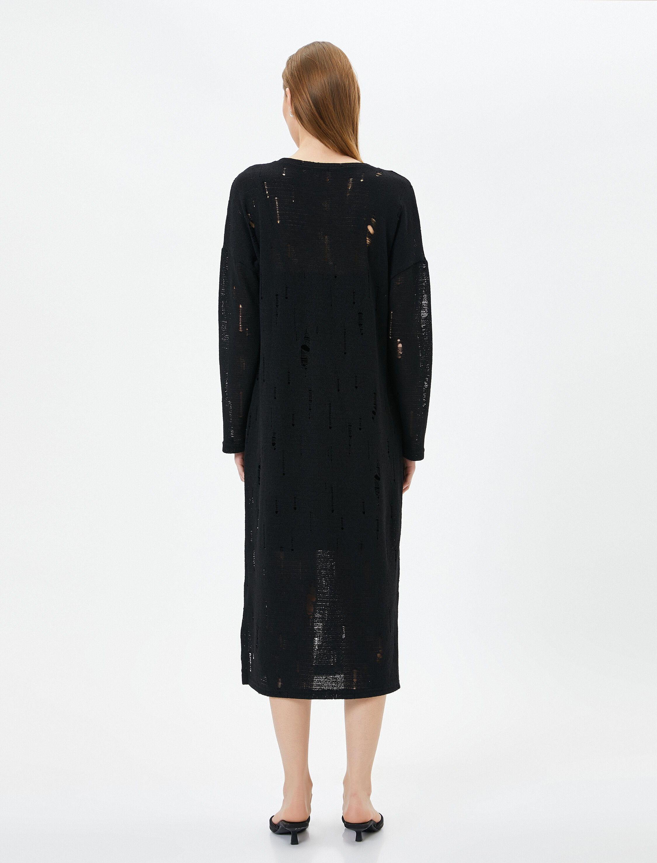   Midi Ajurlu Elbise Bisiklet Yaka Uzun Kollu