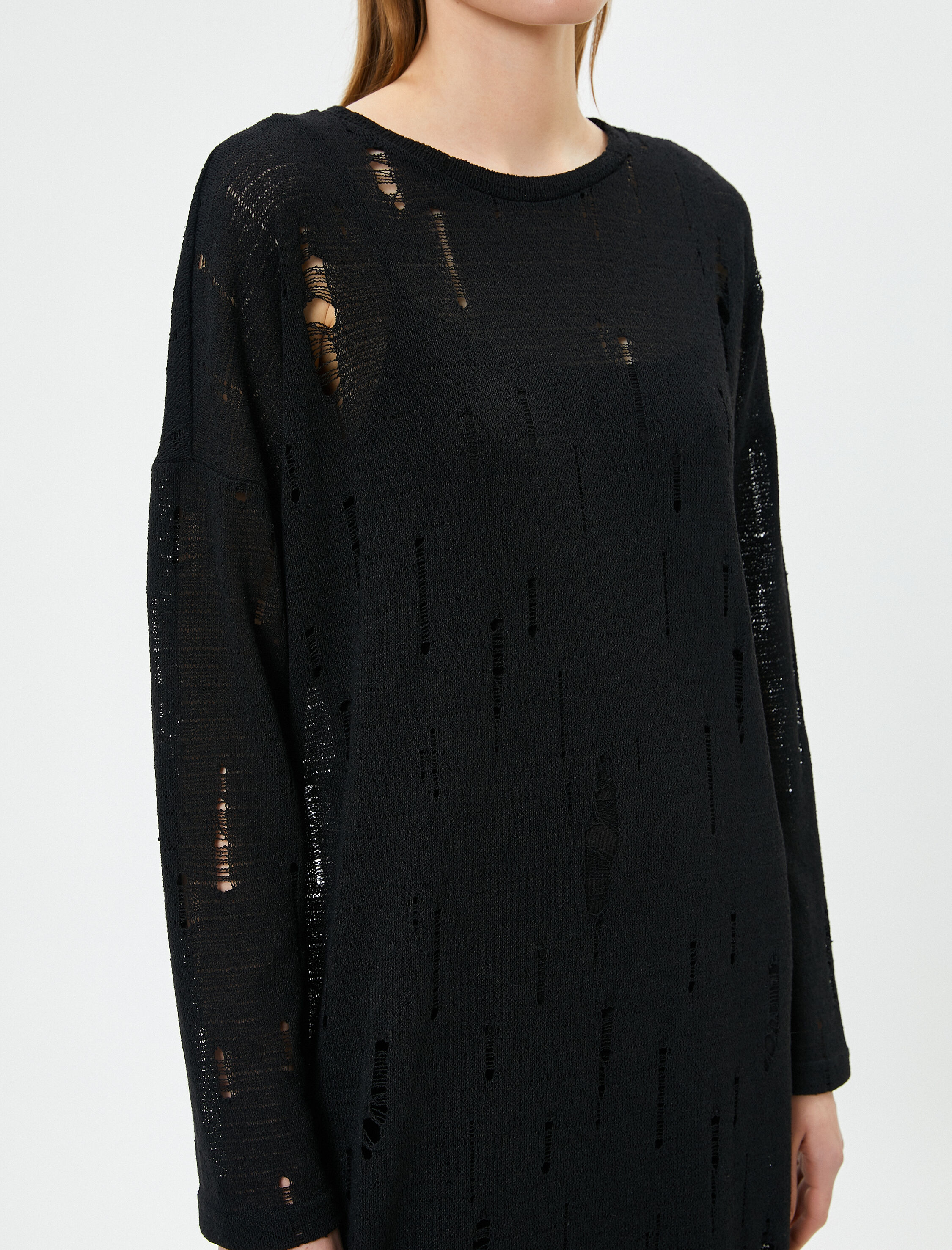   Midi Ajurlu Elbise Bisiklet Yaka Uzun Kollu