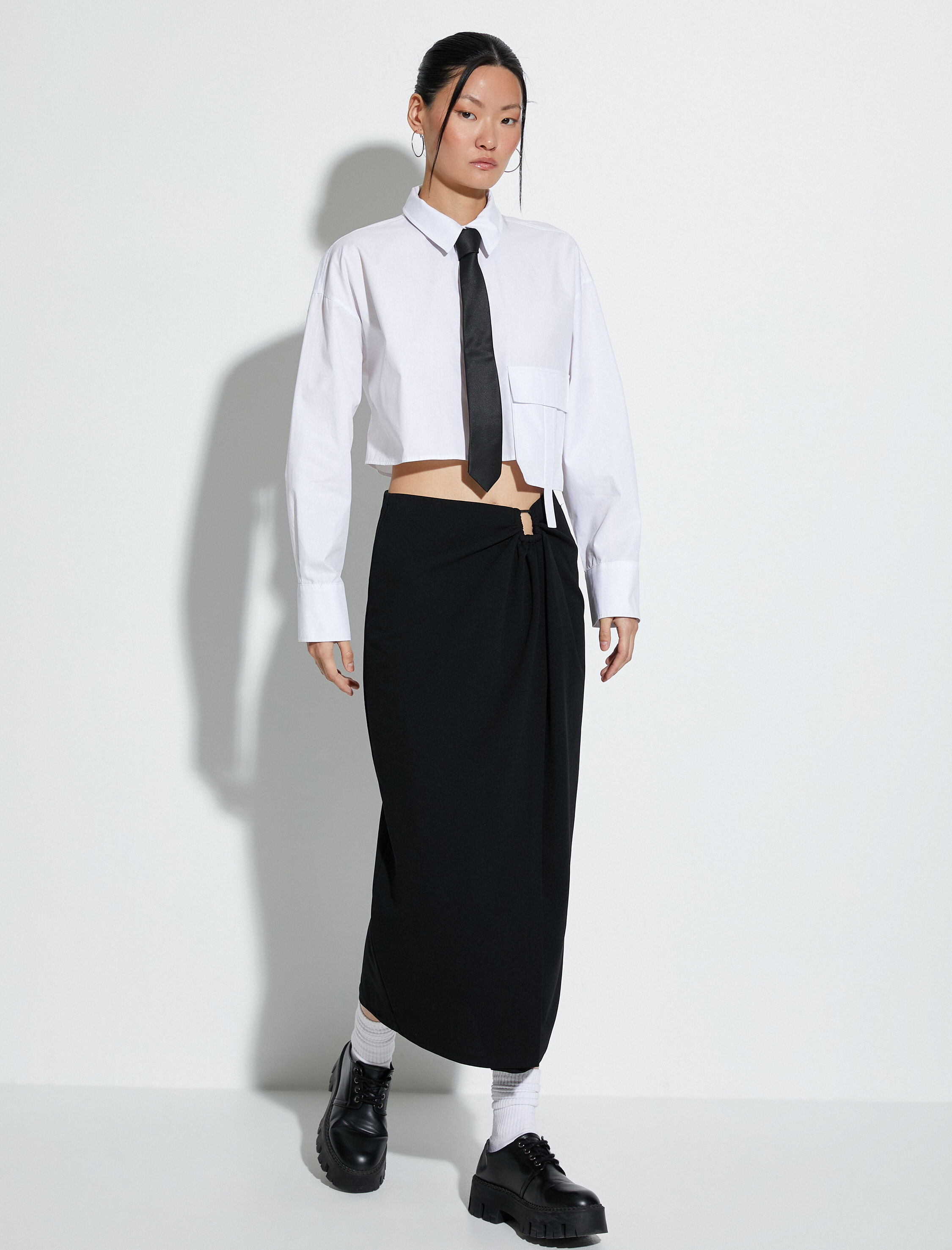   Crop Poplin Gömlek Kargo Cepli Düğmeli Uzun Kollu Pamuklu