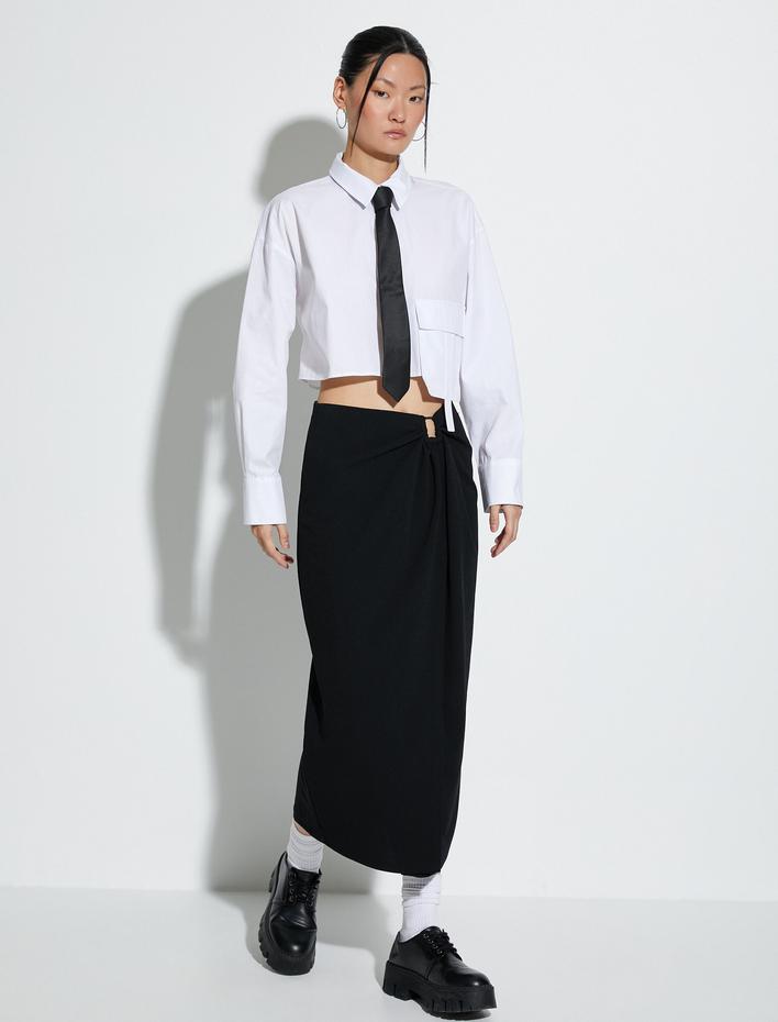  Crop Poplin Gömlek Kargo Cepli Düğmeli Uzun Kollu Pamuklu