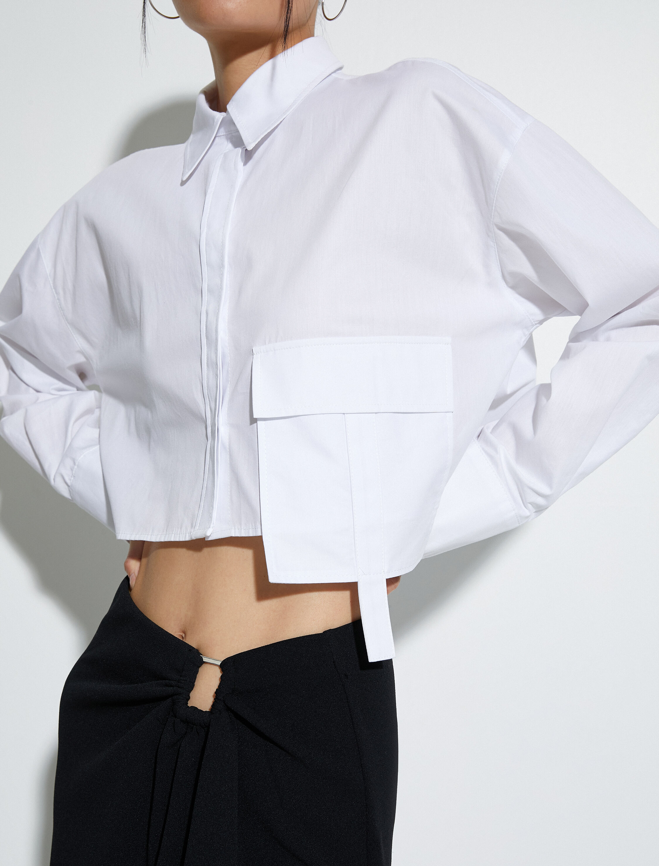   Crop Poplin Gömlek Kargo Cepli Düğmeli Uzun Kollu Pamuklu