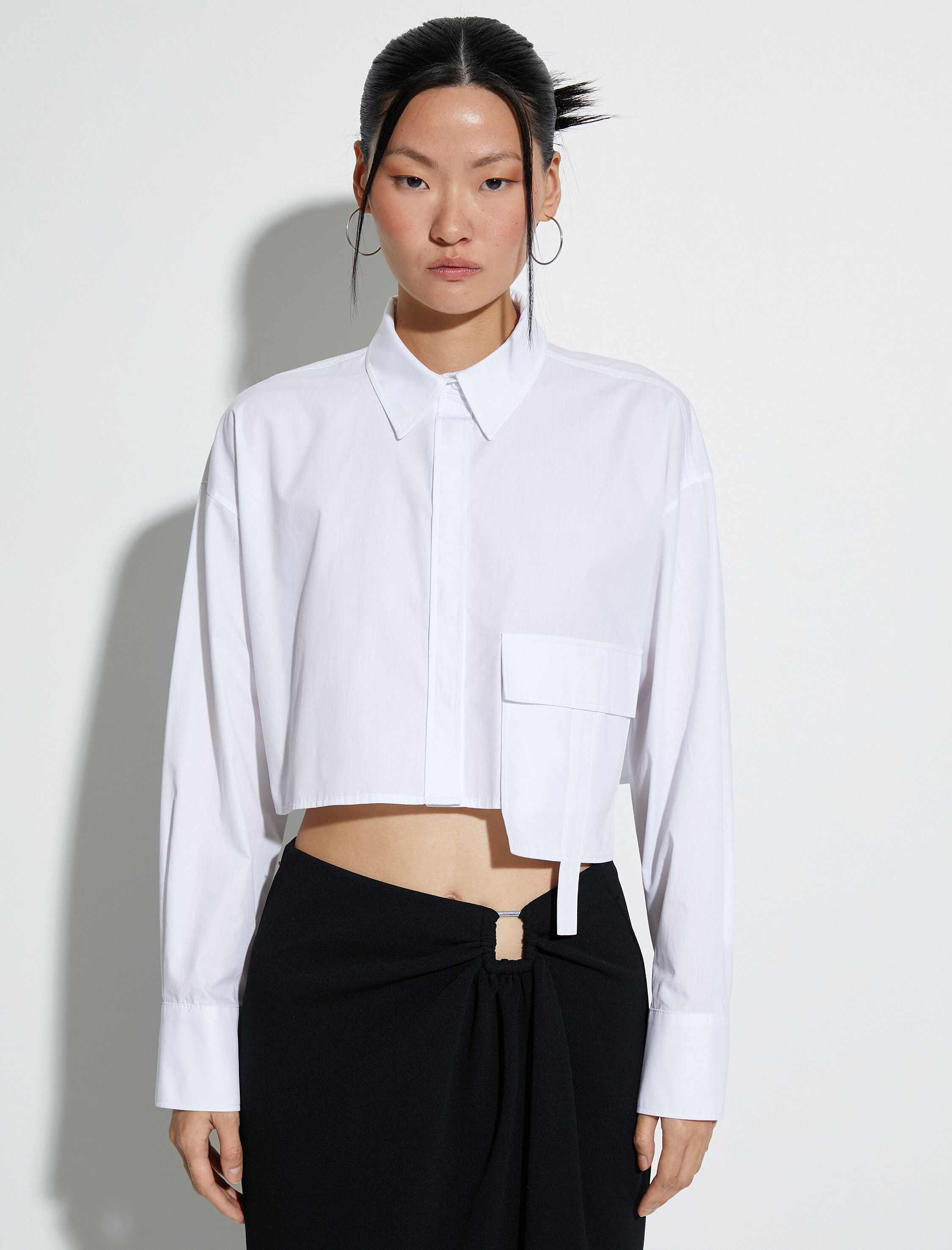   Crop Poplin Gömlek Kargo Cepli Düğmeli Uzun Kollu Pamuklu