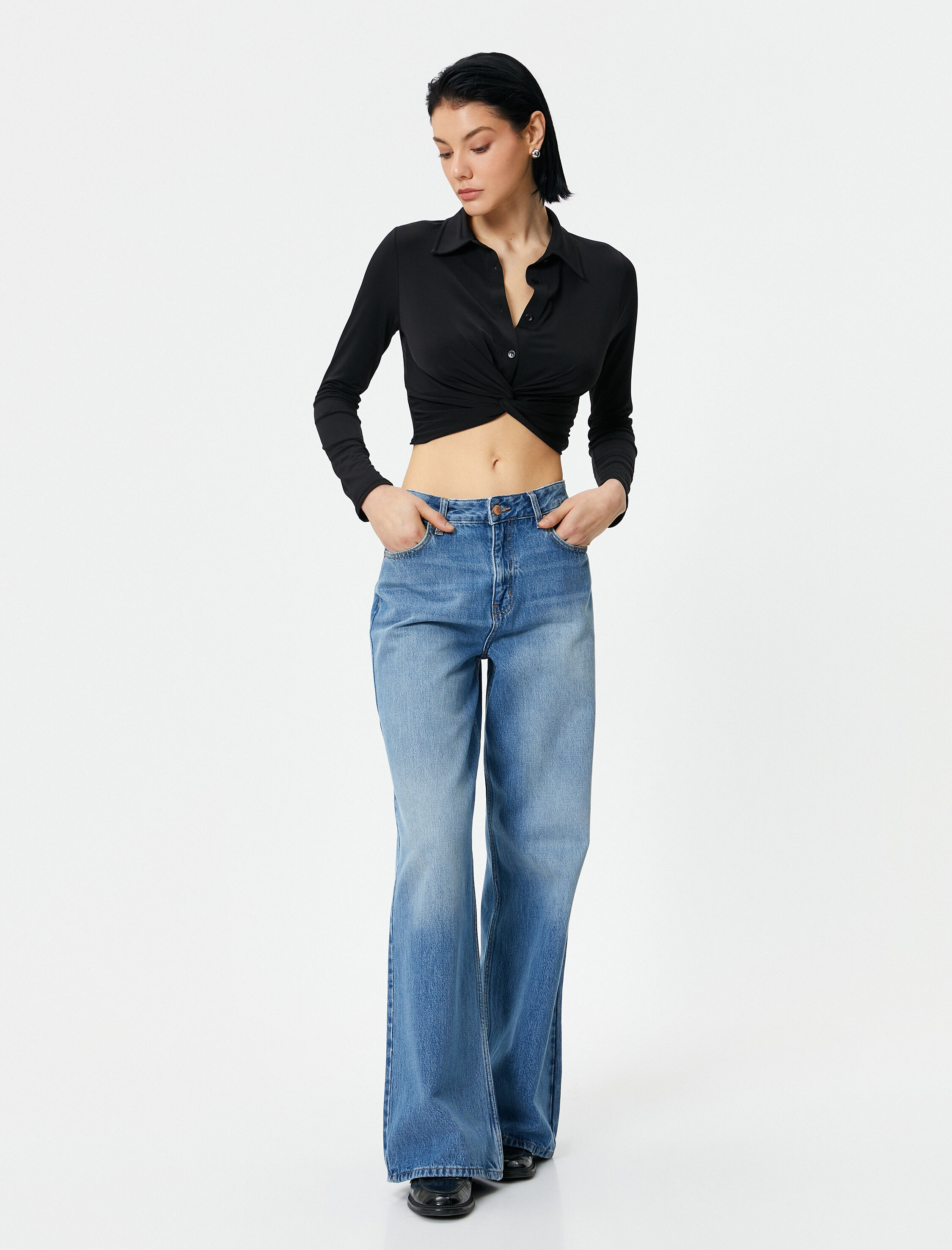   Crop Gömlek Slim Fit Bağlama Detaylı Klasik Yaka