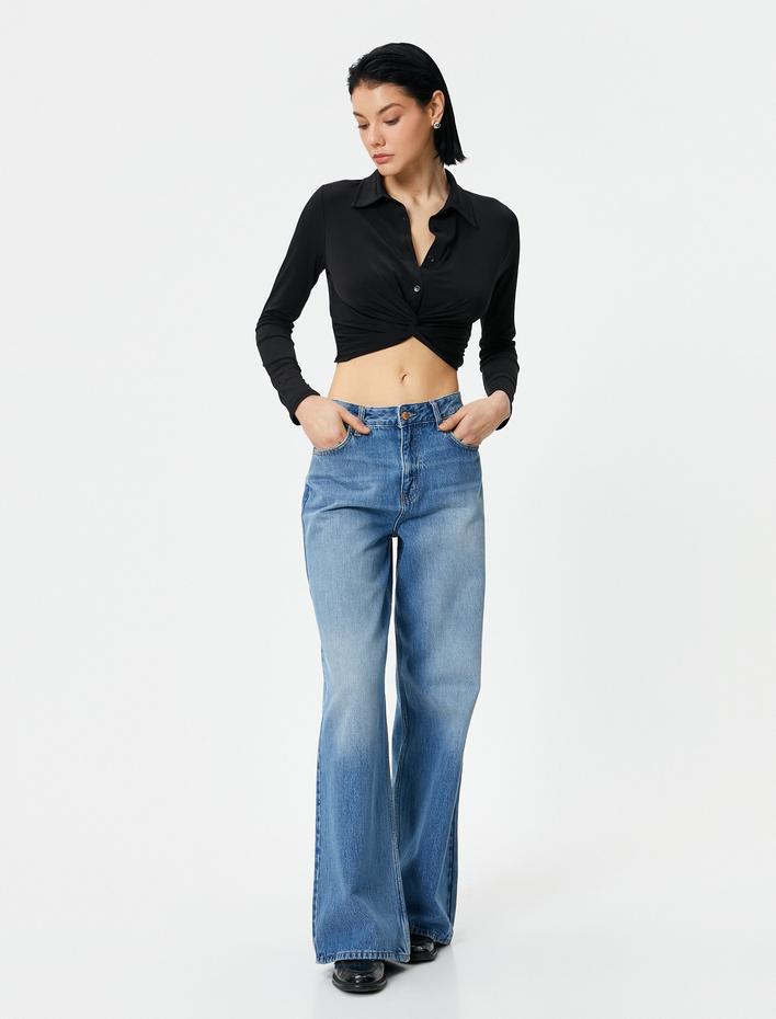  Crop Gömlek Slim Fit Bağlama Detaylı Klasik Yaka