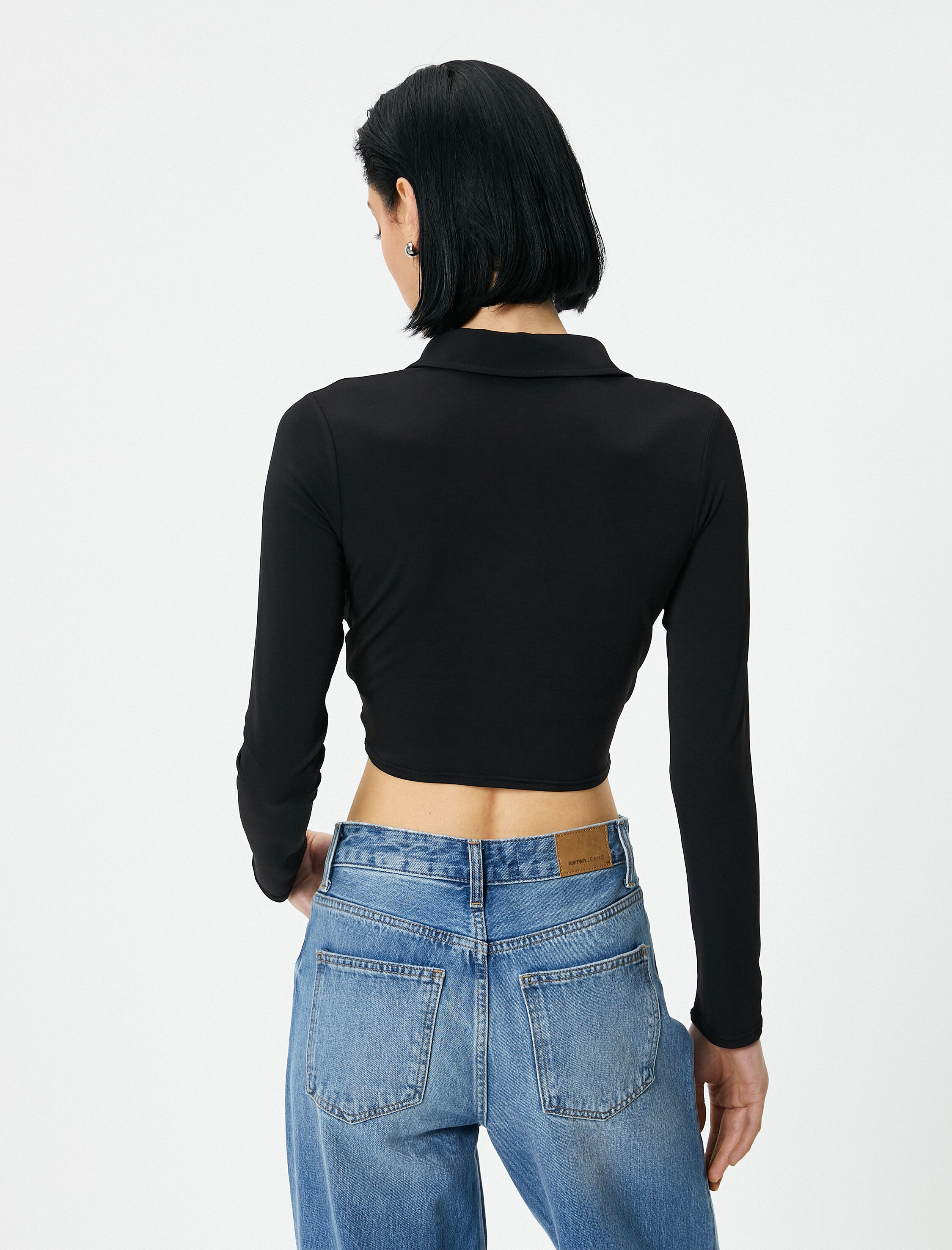   Crop Gömlek Slim Fit Bağlama Detaylı Klasik Yaka