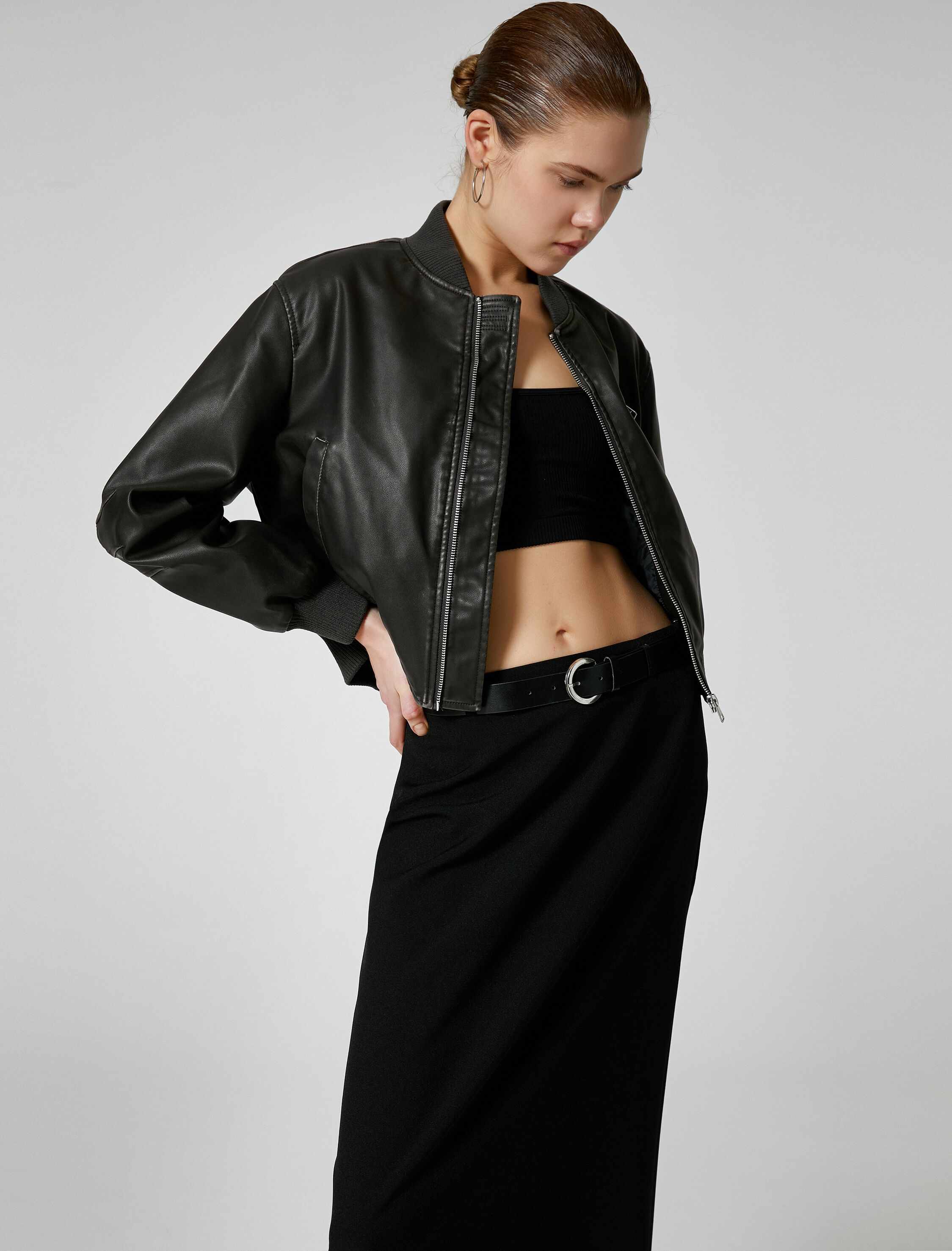 Suni Deri Ceket Bomber Fermuarlı Yuvarlak Yaka Cepli Eskitilmiş Görünümlü