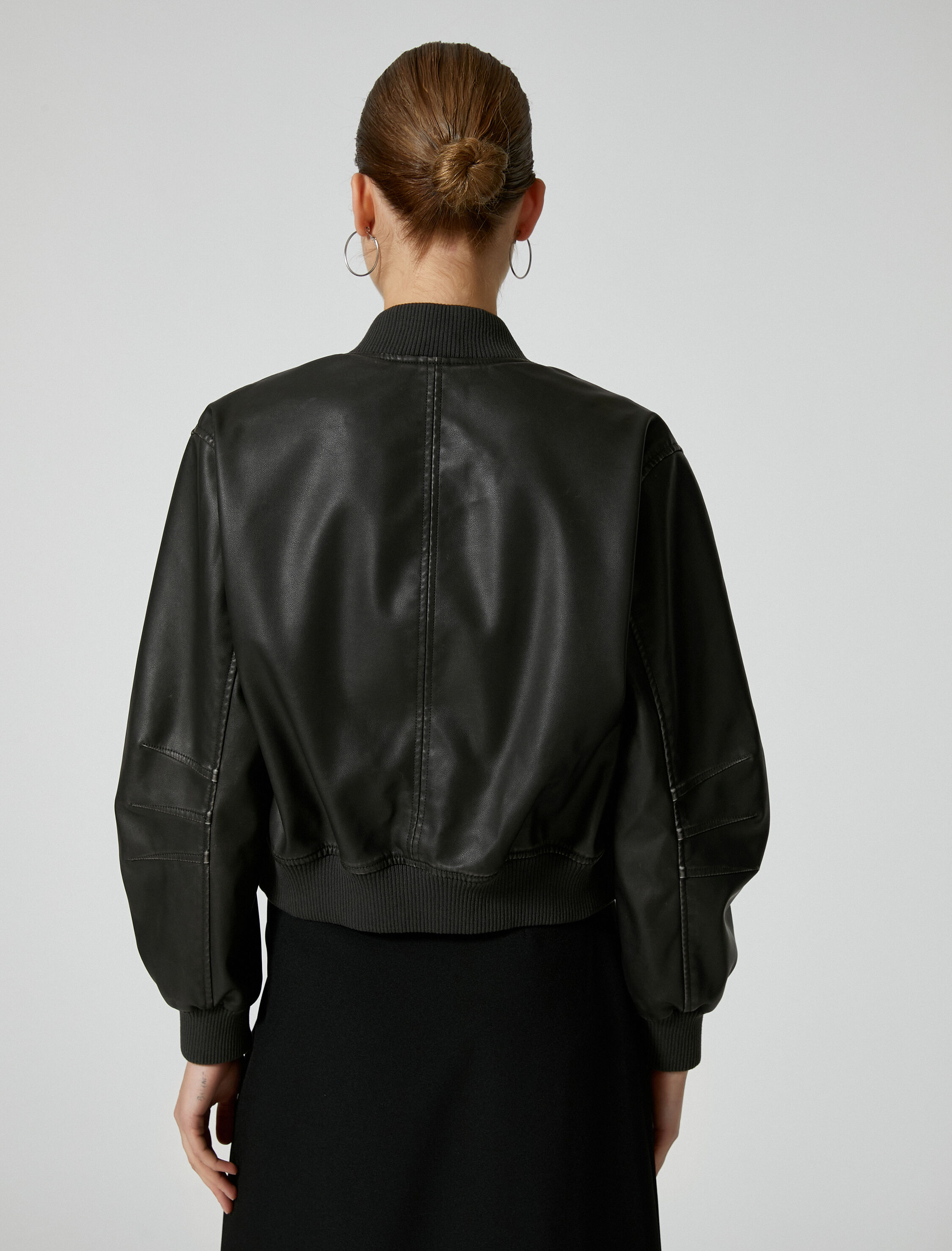 Suni Deri Ceket Bomber Fermuarlı Yuvarlak Yaka Cepli Eskitilmiş Görünümlü