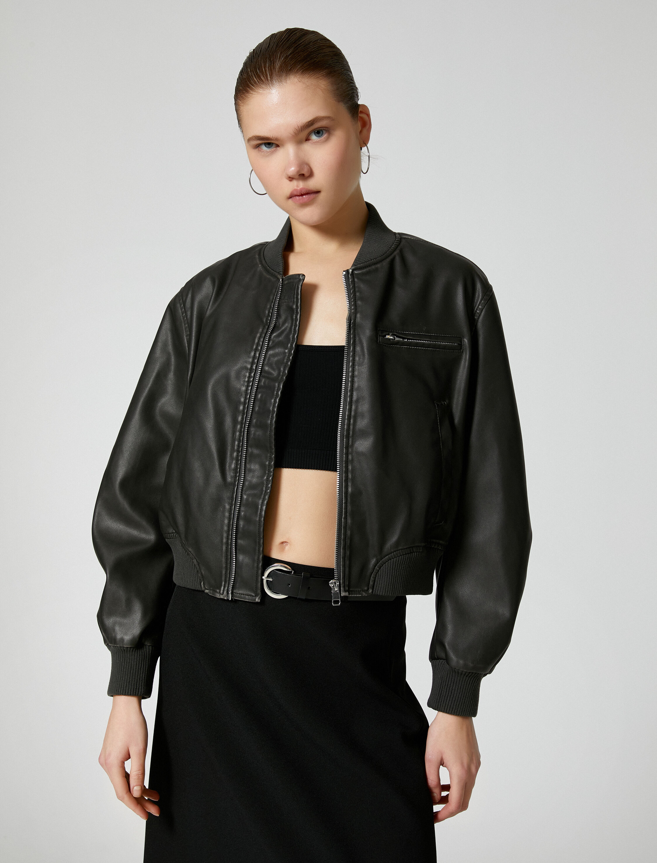 Suni Deri Ceket Bomber Fermuarlı Yuvarlak Yaka Cepli Eskitilmiş Görünümlü