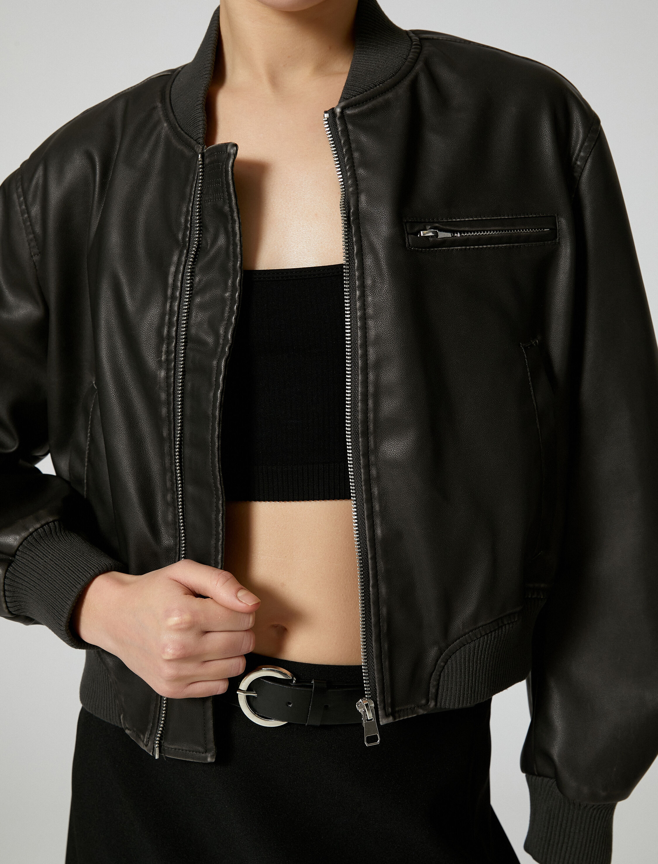 Suni Deri Ceket Bomber Fermuarlı Yuvarlak Yaka Cepli Eskitilmiş Görünümlü