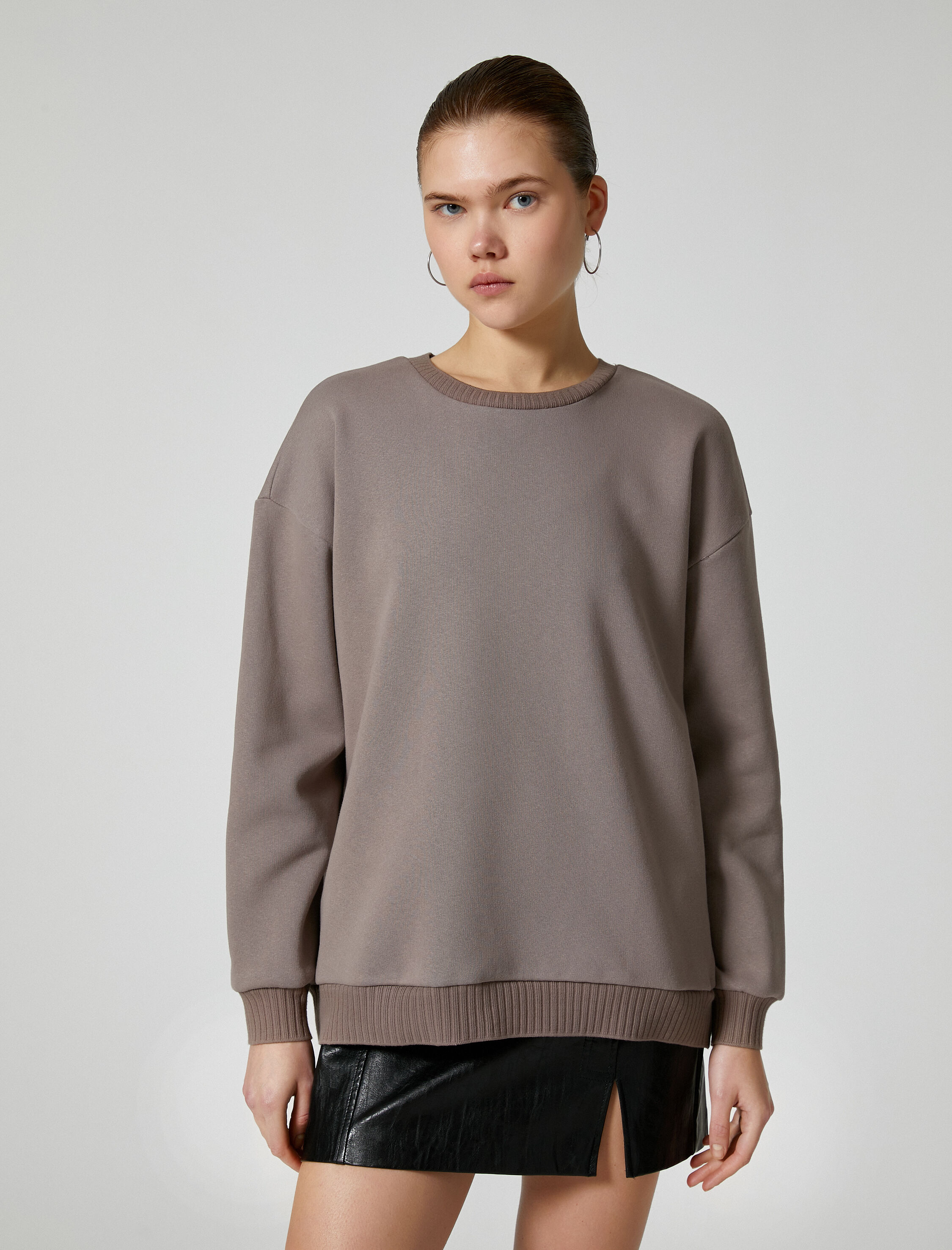   Şardonlu Basic Sweatshirt Bisiklet Yaka Uzun Kollu