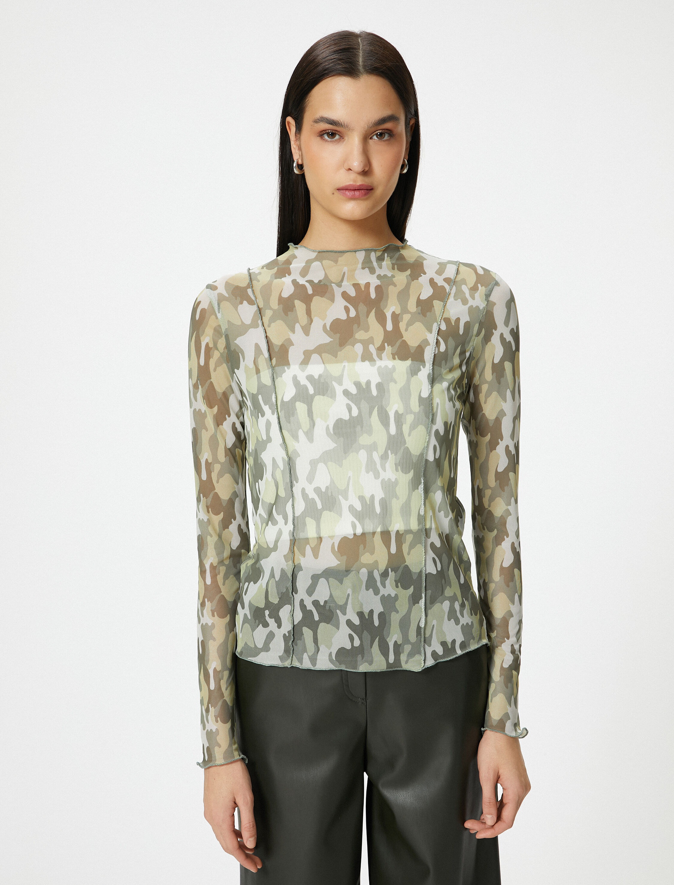   Transparan Tişört Uzun Kollu Kamuflaj Desenli