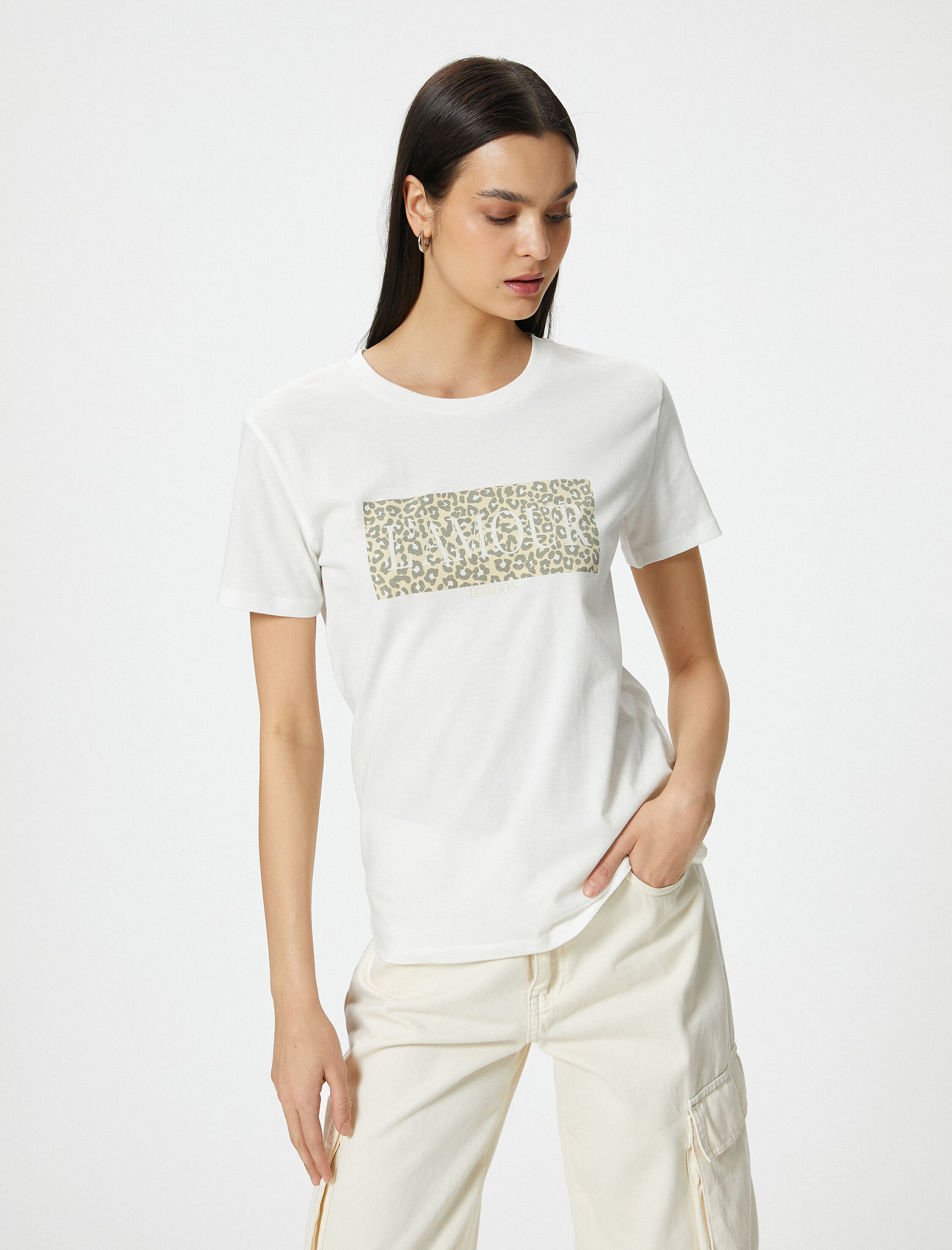   Leopar Baskılı Tişört Kısa Kollu Bisiklet Yaka Pamuklu