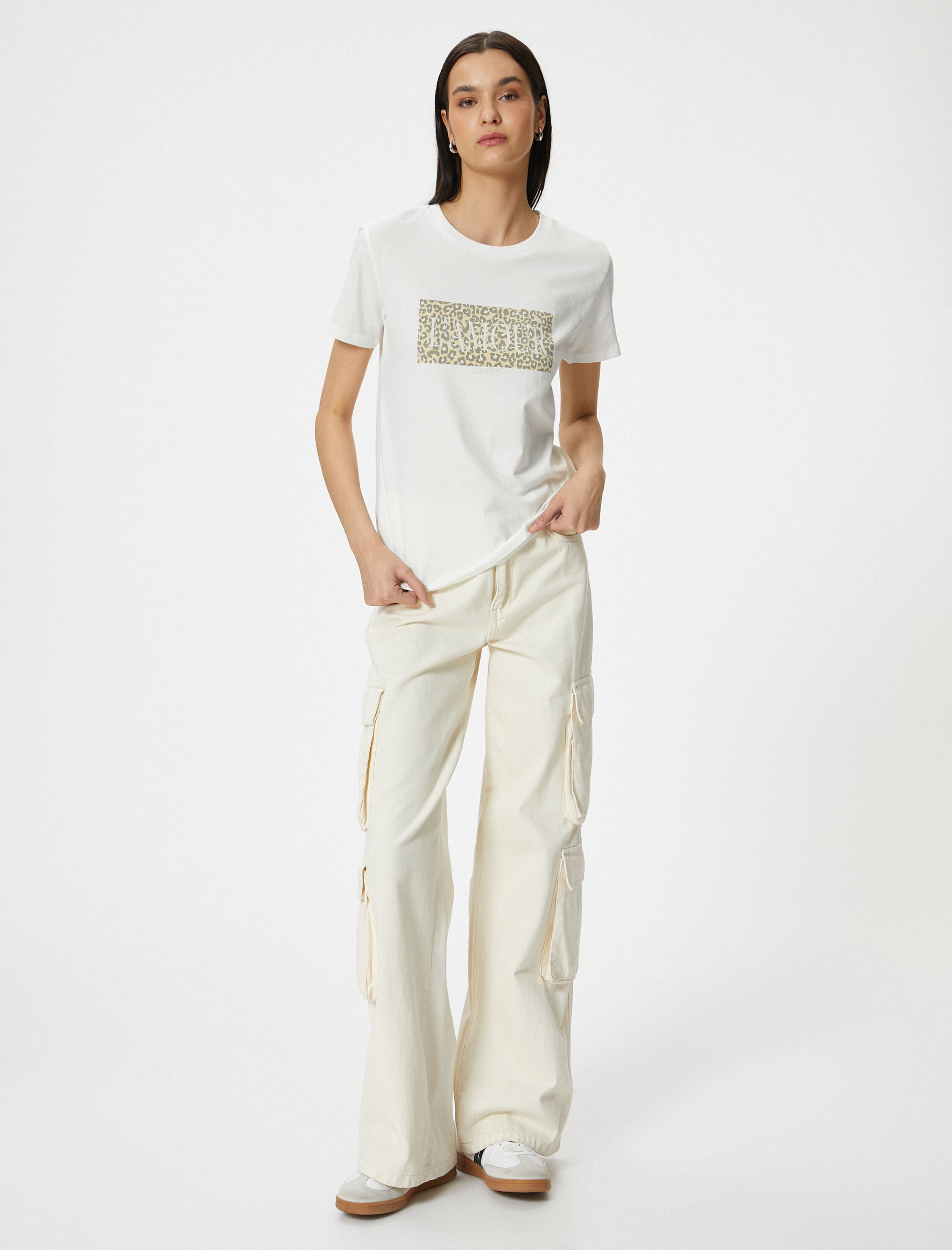   Leopar Baskılı Tişört Kısa Kollu Bisiklet Yaka Pamuklu