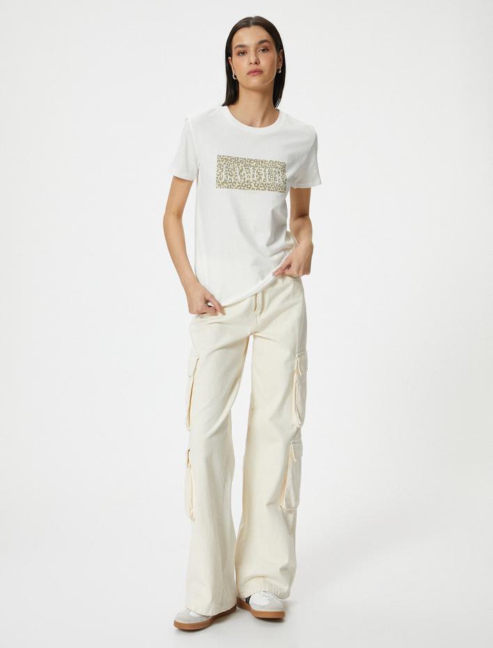  Leopar Baskılı Tişört Kısa Kollu Bisiklet Yaka Pamuklu