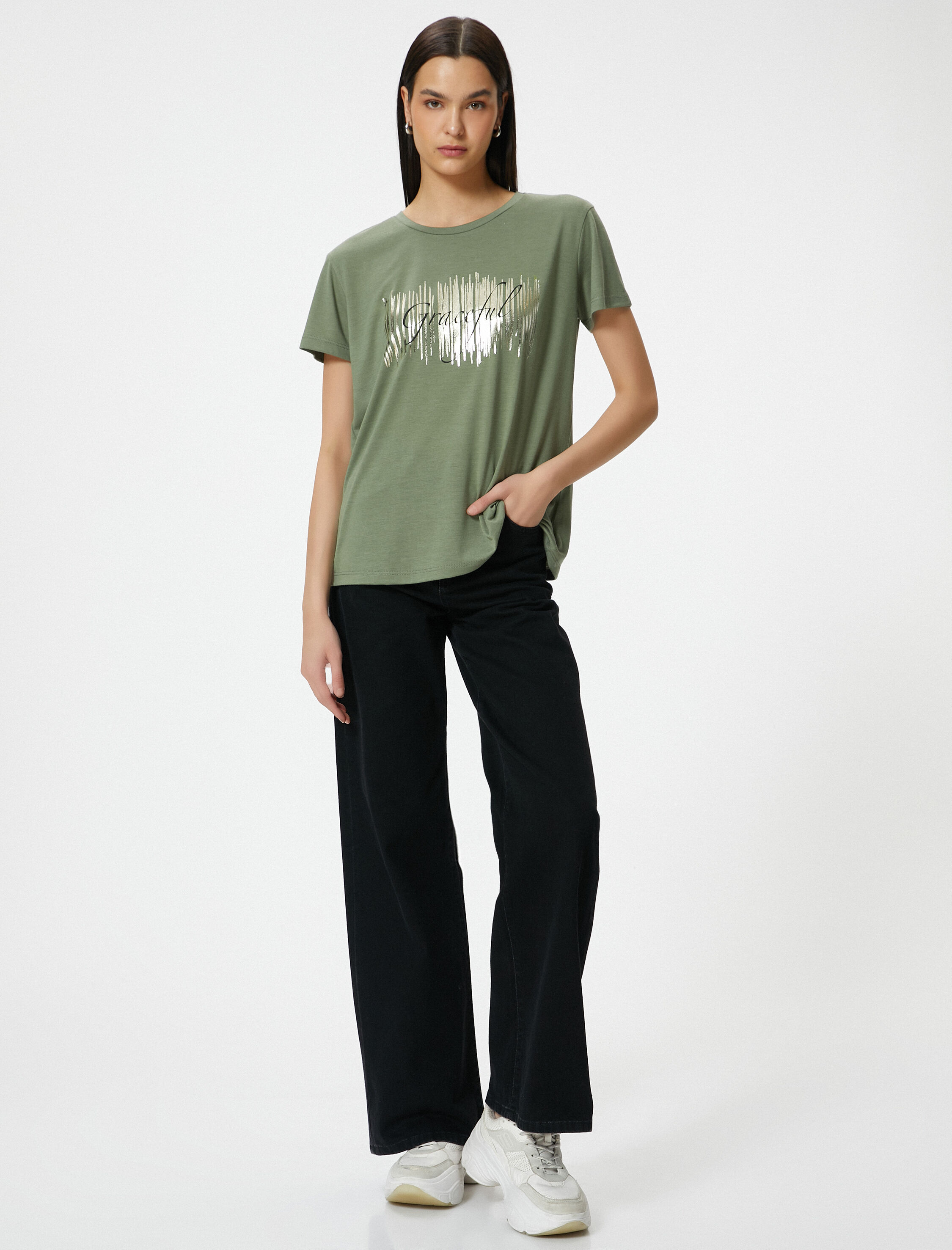   Baskılı Tişört Bisiklet Yaka Kısa Kollu Viskon Karışımlı