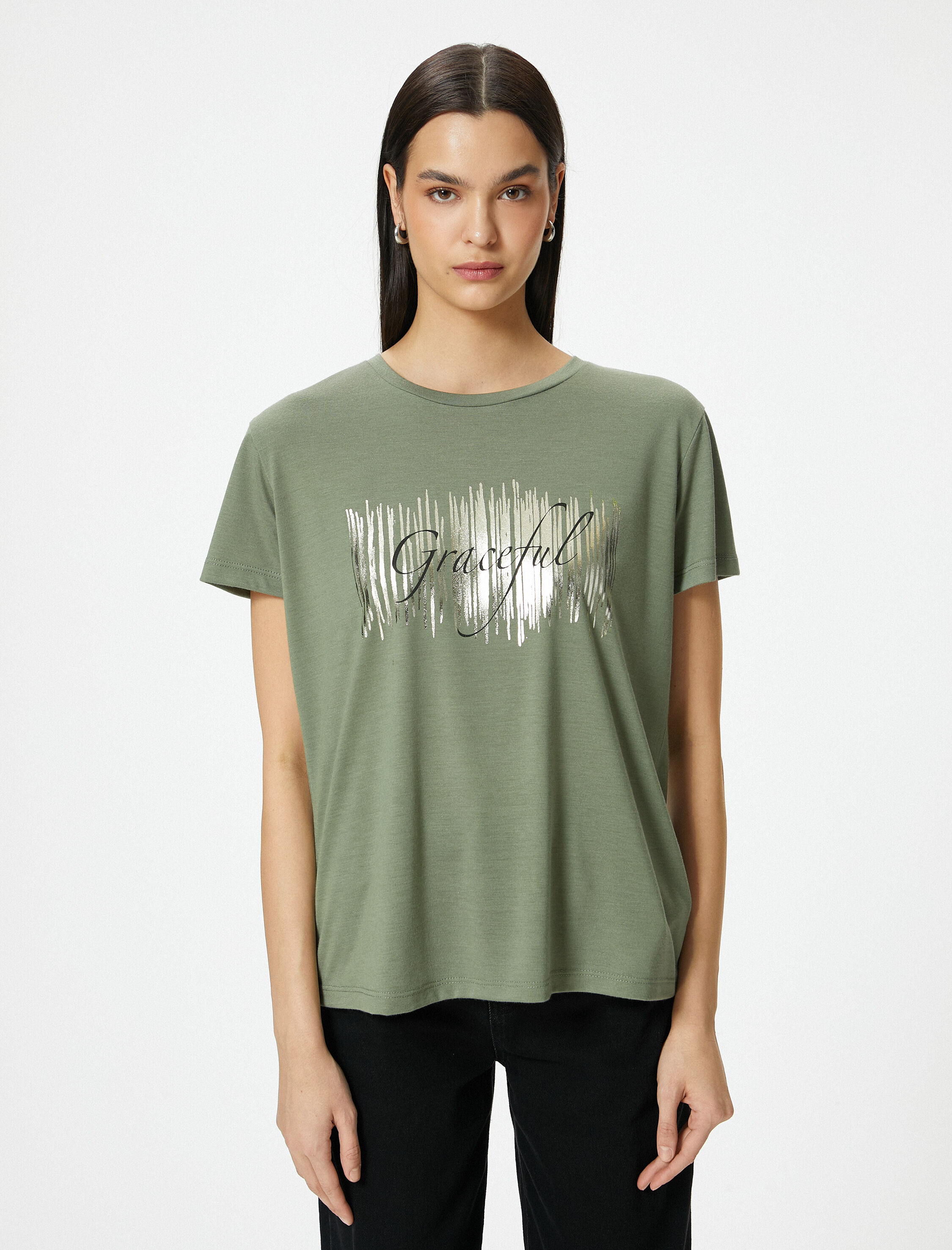   Baskılı Tişört Bisiklet Yaka Kısa Kollu Viskon Karışımlı