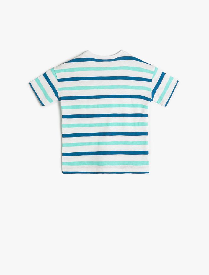 Erkek Bebek Çizgili Tişört Kısa Kollu Cep ve Baskı Detaylı Pamuklu