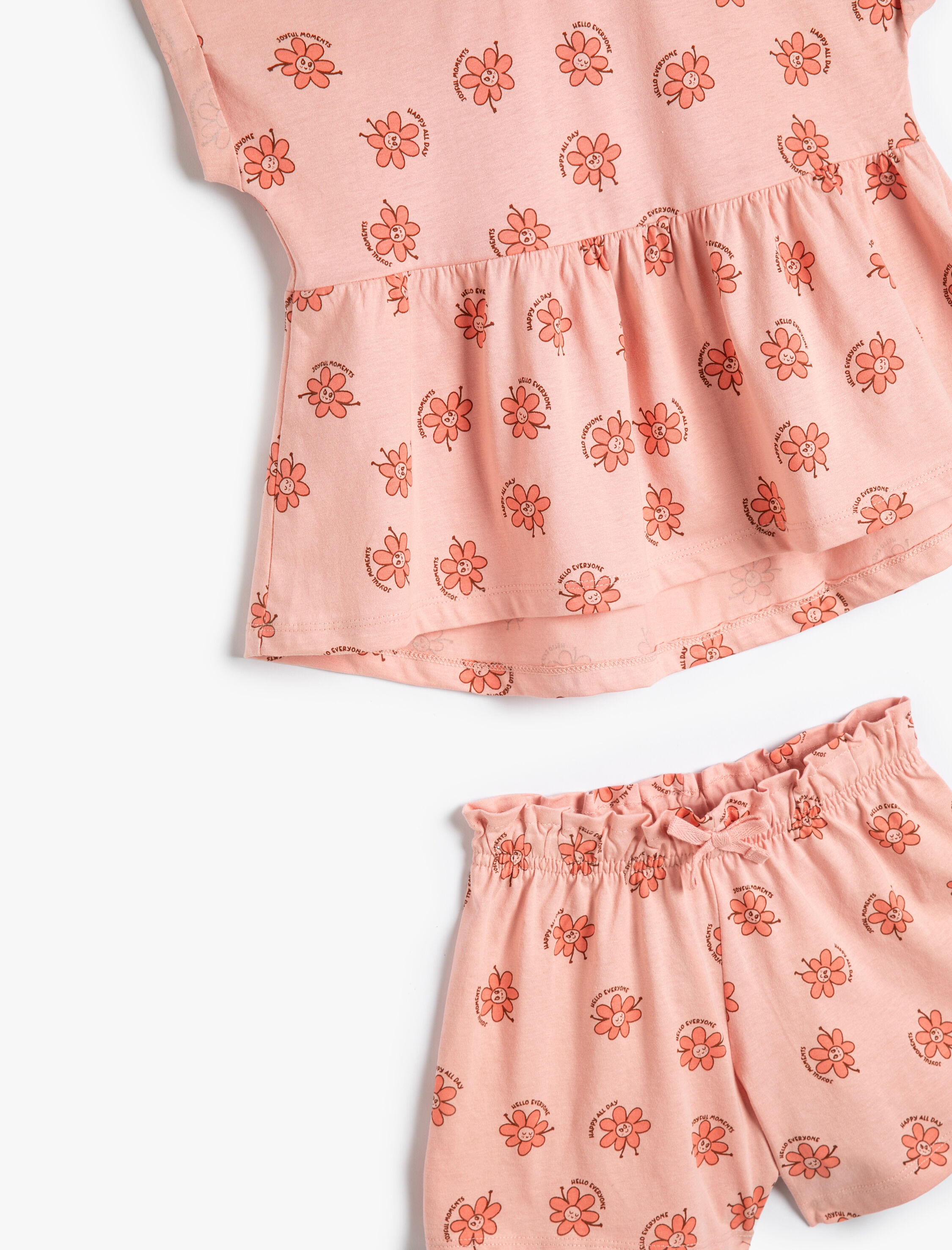  Kız Bebek 2'li Tişört Şort Seti Puantiyeli Fırfırlı Pamuklu