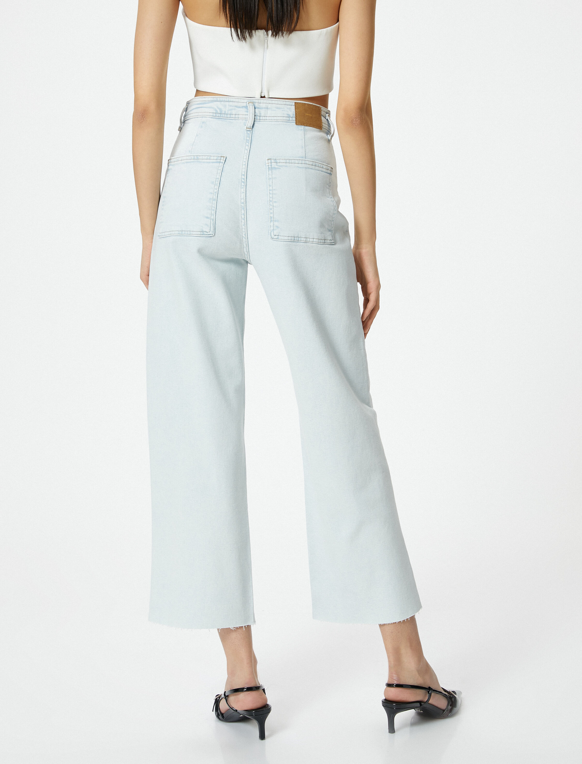   Geniş Kısa Paça Kot Pantolon Yüksek Bel Esnek Rahat Kalıp Cepli Pamuklu - Sandra Jeans