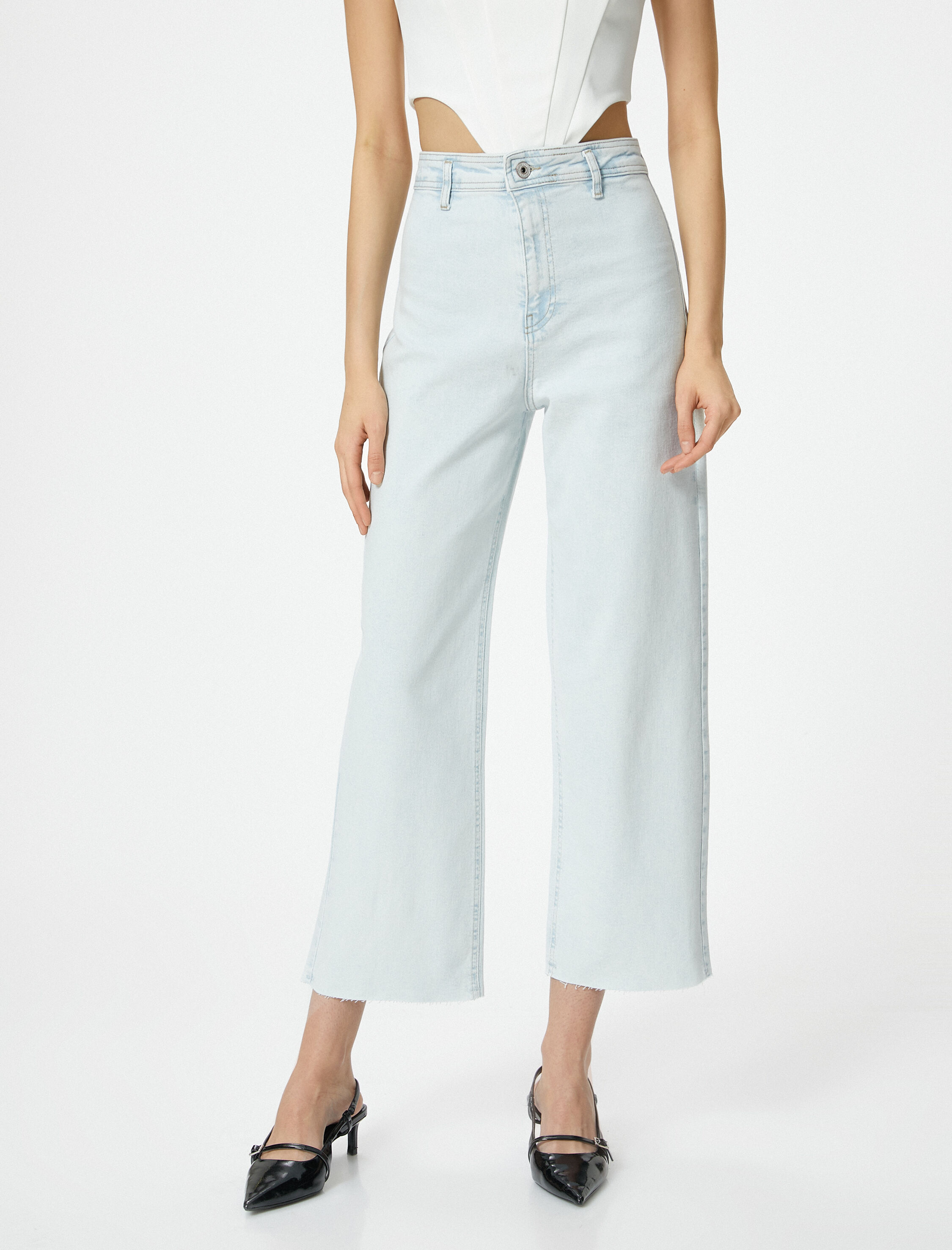   Geniş Kısa Paça Kot Pantolon Yüksek Bel Esnek Rahat Kalıp Cepli Pamuklu - Sandra Jeans