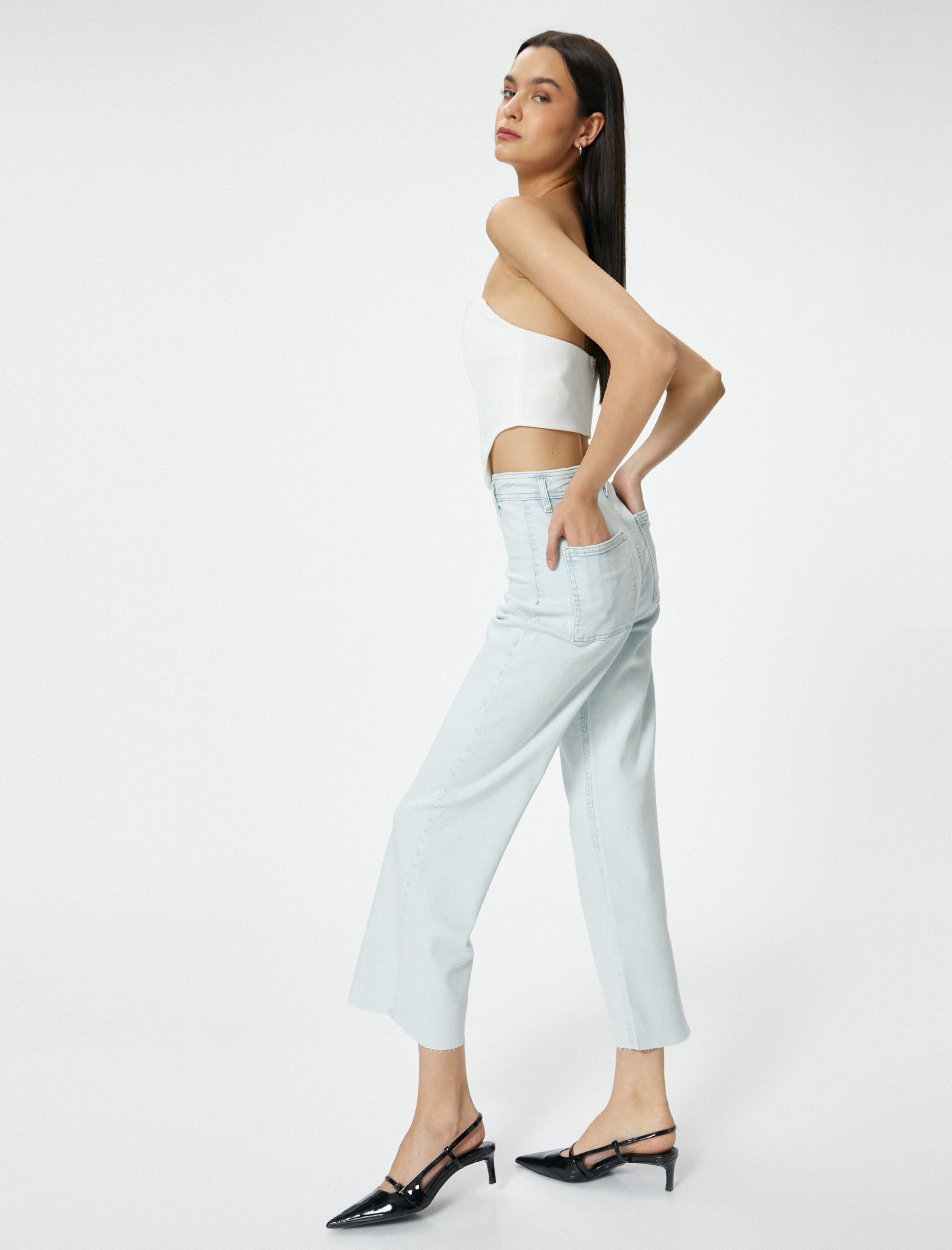   Geniş Kısa Paça Kot Pantolon Yüksek Bel Esnek Rahat Kalıp Cepli Pamuklu - Sandra Jeans