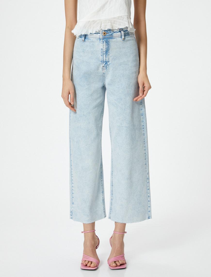   Geniş Kısa Paça Kot Pantolon Yüksek Bel Esnek Rahat Kalıp Cepli Pamuklu - Sandra Jeans