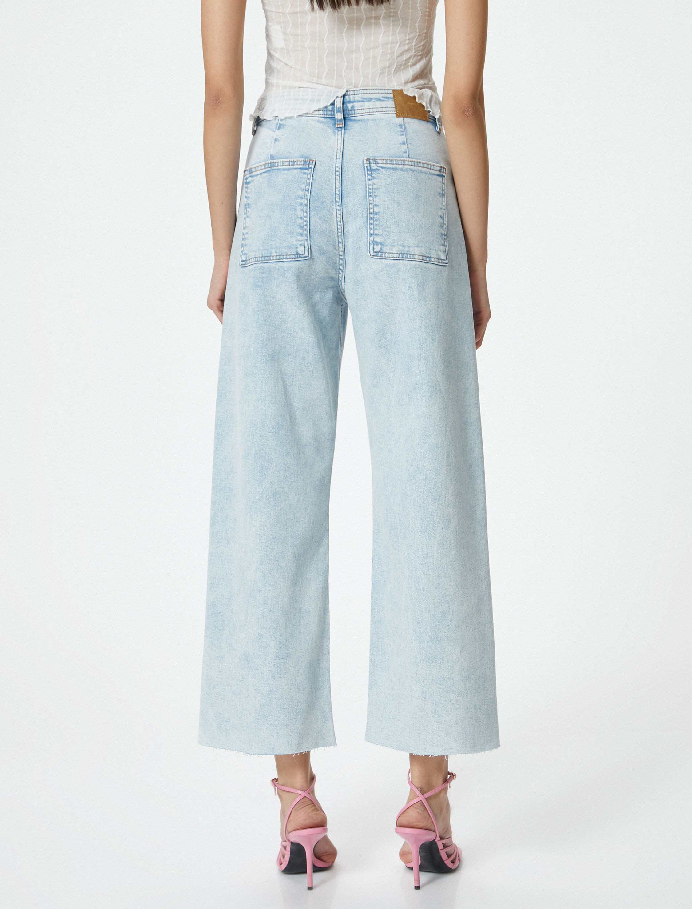   Geniş Kısa Paça Kot Pantolon Yüksek Bel Esnek Rahat Kalıp Cepli Pamuklu - Sandra Jeans