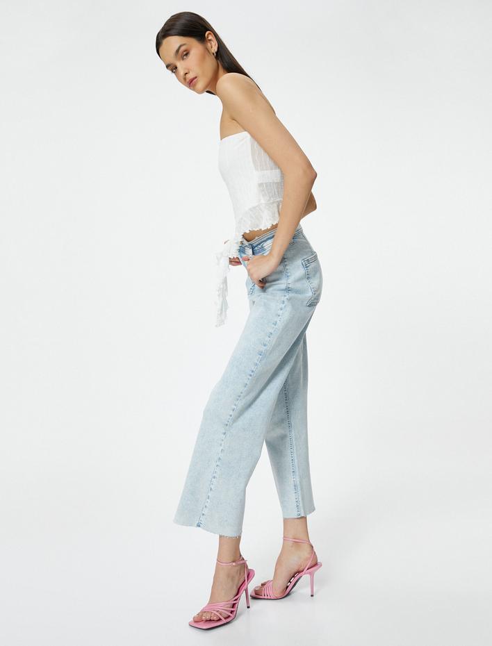  Geniş Kısa Paça Kot Pantolon Yüksek Bel Esnek Rahat Kalıp Cepli Pamuklu - Sandra Jeans